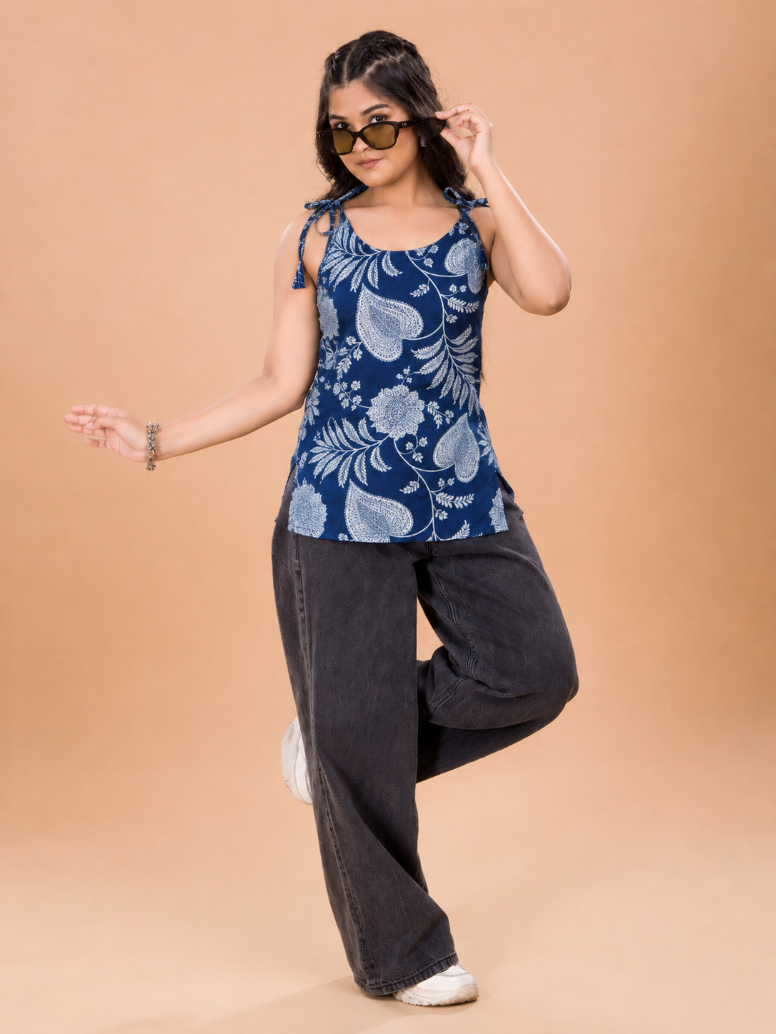 Girls Leaf Motif Print Short Kurti - Navy Blue