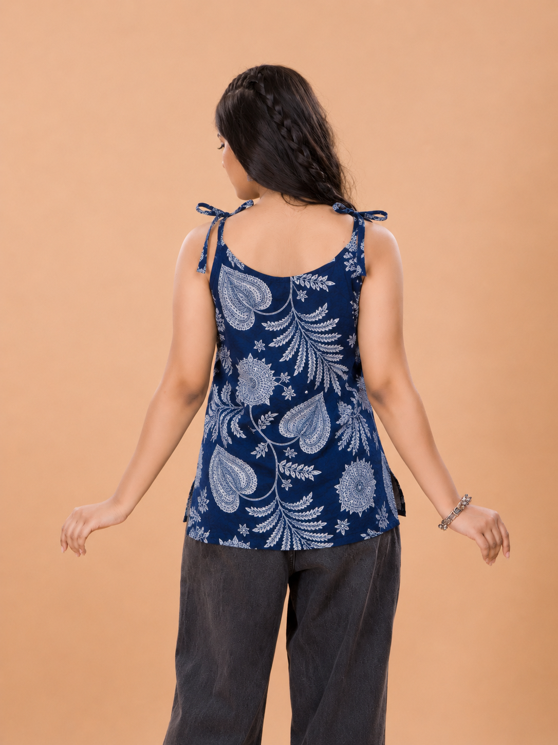Girls Leaf Motif Print Short Kurti - Navy Blue