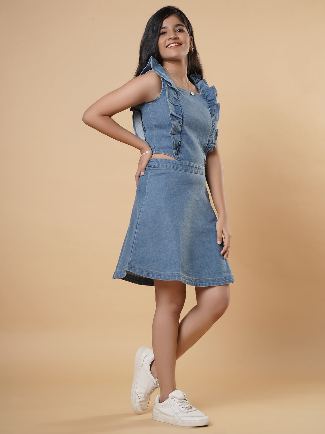 TeenTrums Girls Denim Dress with Frills and Cut-Denim