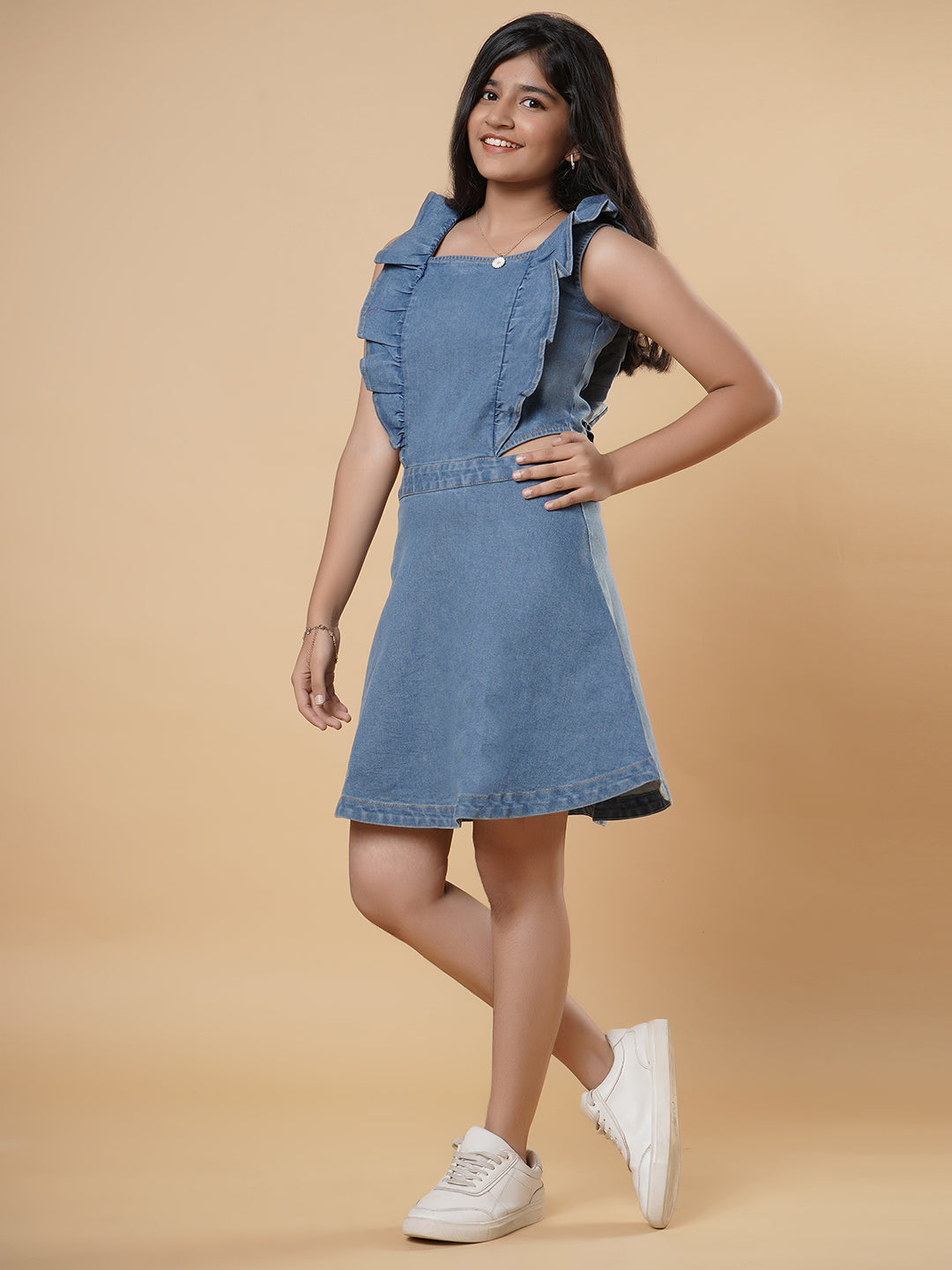 TeenTrums Girls Denim Dress with Frills and Cut-Denim