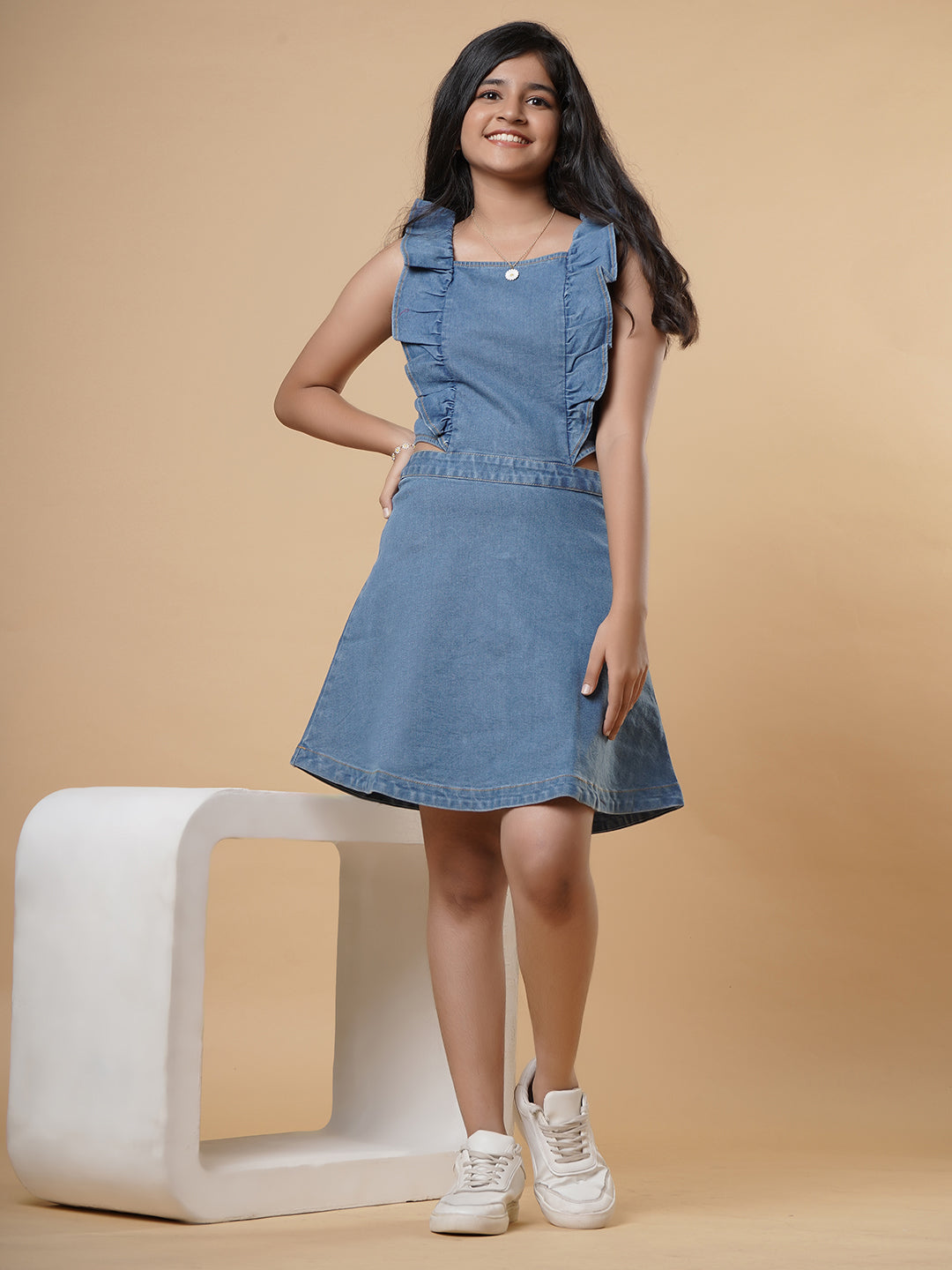 Denim Dress with Frills and Cut Denim Dress with Frills and Cut