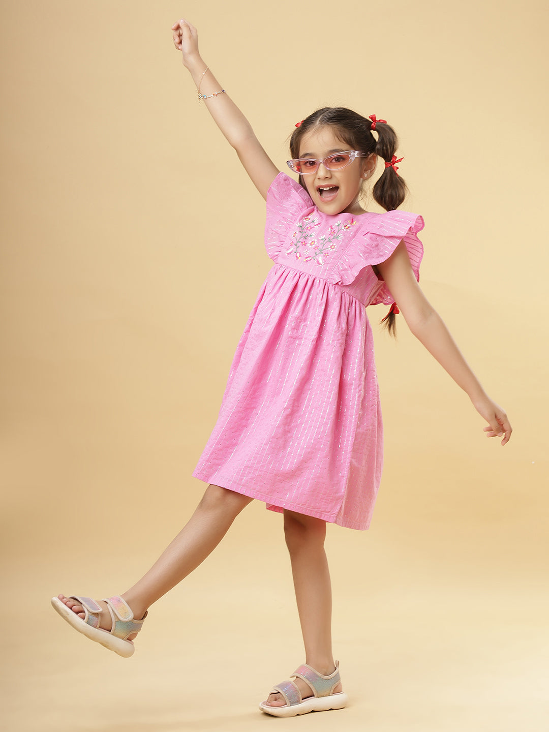 Ishki Pushki Girls Lurex Fabric with Embroidery Dress-Pink