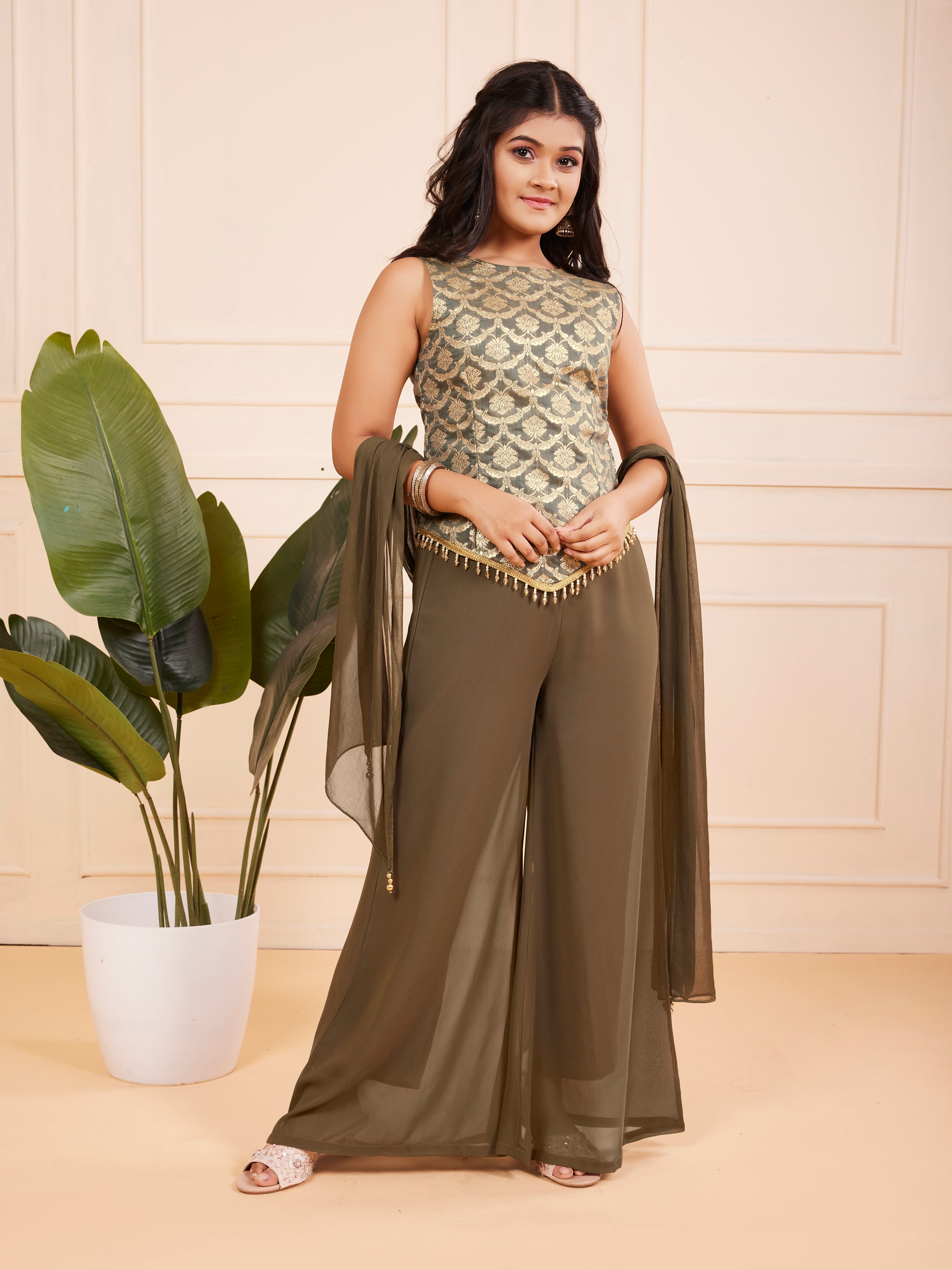TeenTrums Girls Embroidered Palazzo Set with Dupatta - Olive