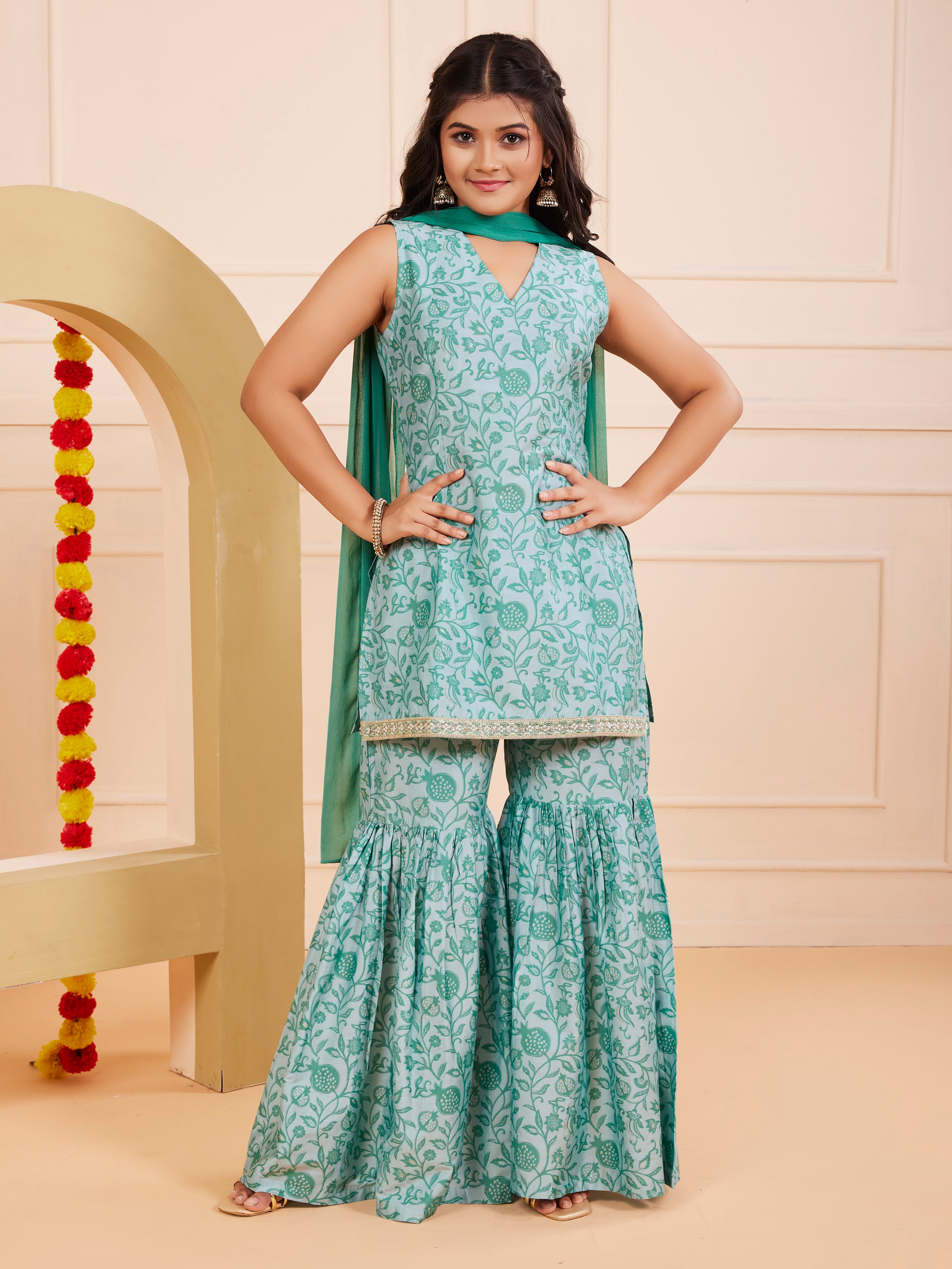 Girls Ethnic Floral Kurta and Gharara Set – Green