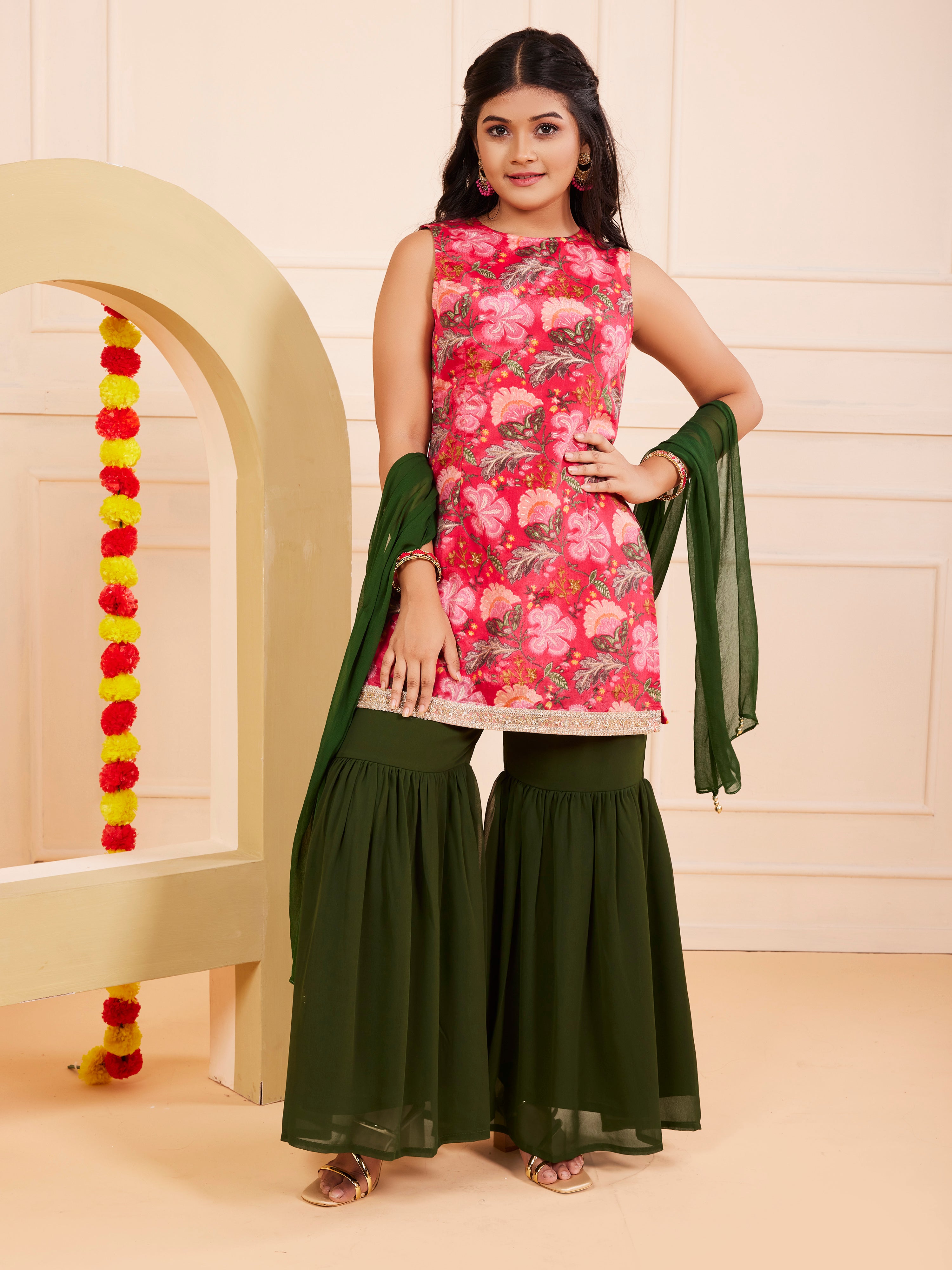 TeenTrums Girls Ethnic Floral Kurta and Gharara Set – Dark Pink