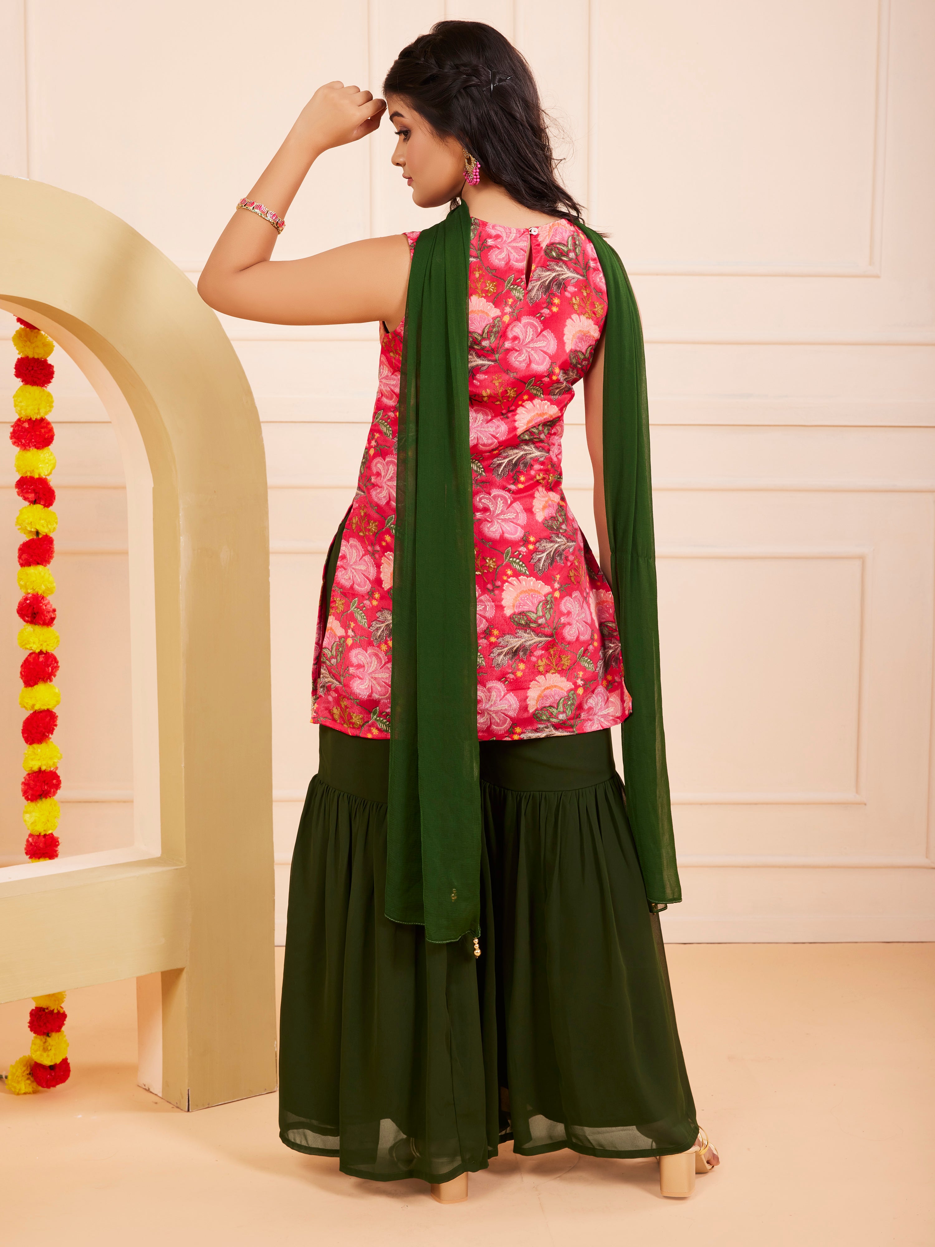 TeenTrums Girls Ethnic Floral Kurta and Gharara Set – Dark Pink