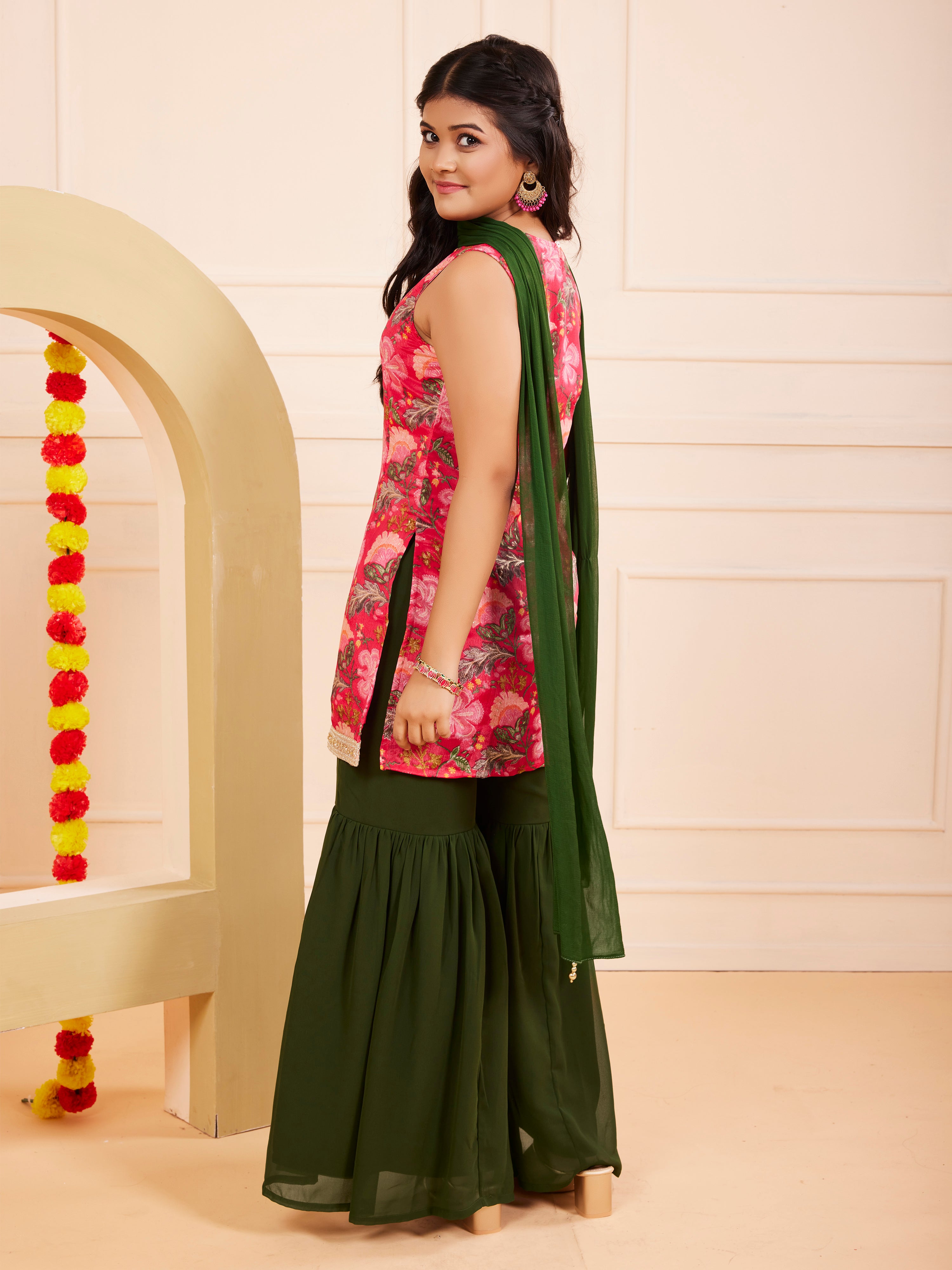 TeenTrums Girls Ethnic Floral Kurta and Gharara Set – Dark Pink