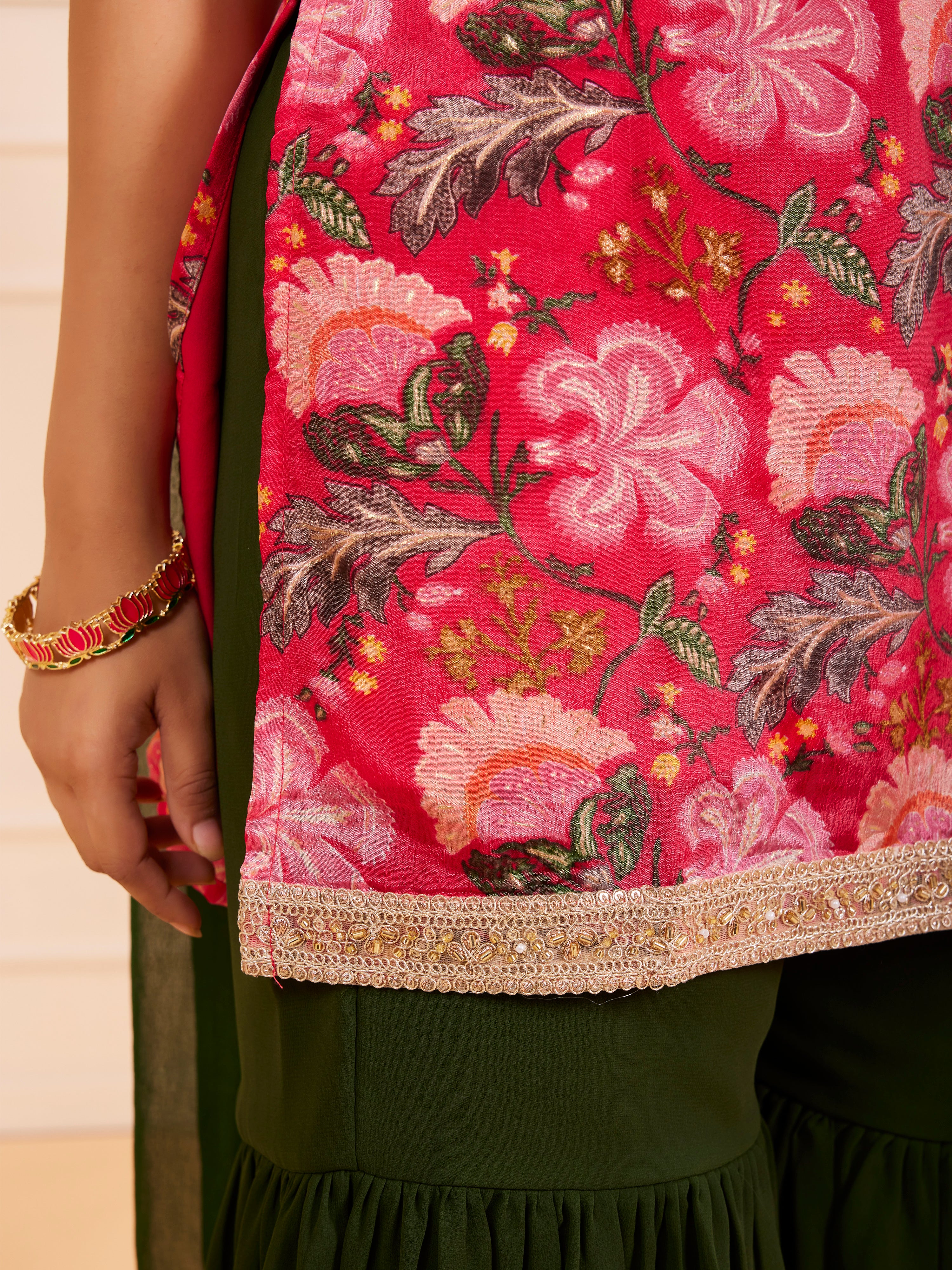 TeenTrums Girls Ethnic Floral Kurta and Gharara Set – Dark Pink