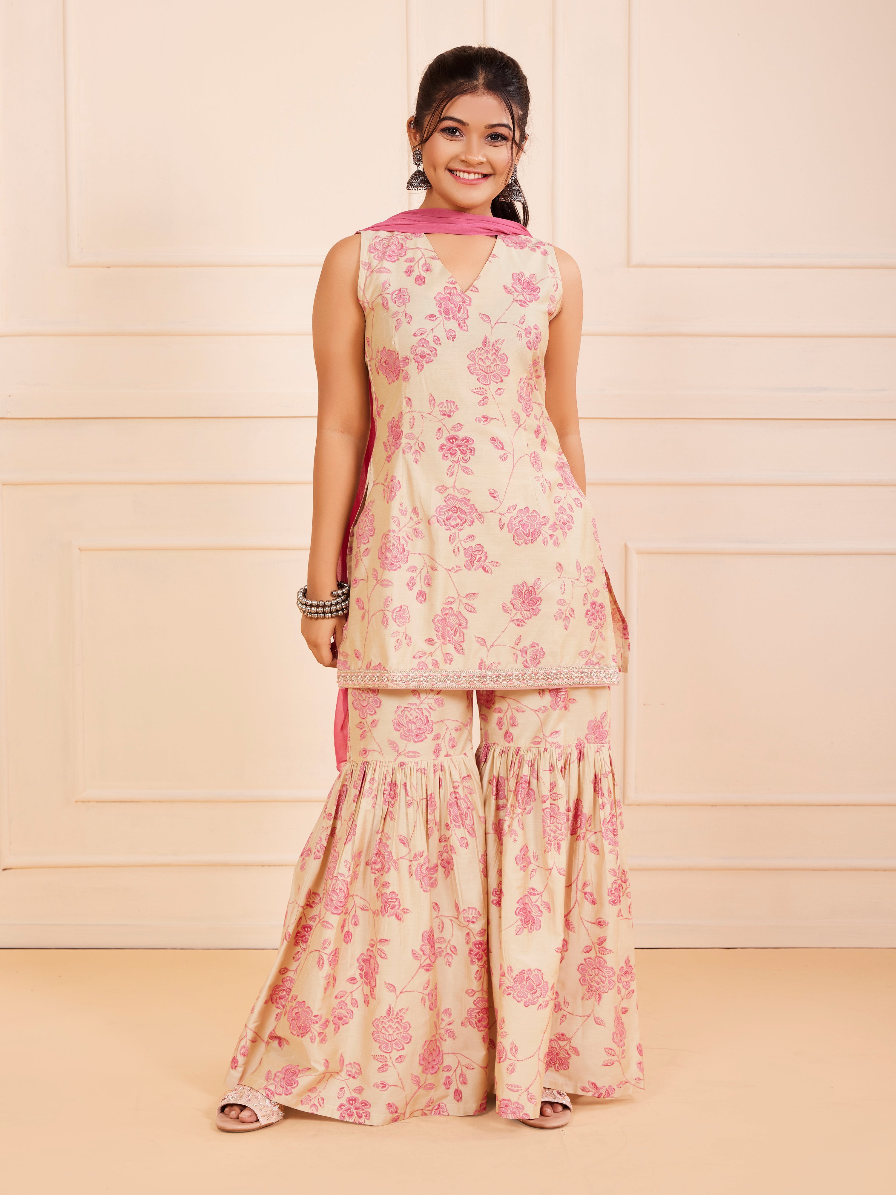 Girls Ethnic Floral Kurta and Gharara Set – Pink