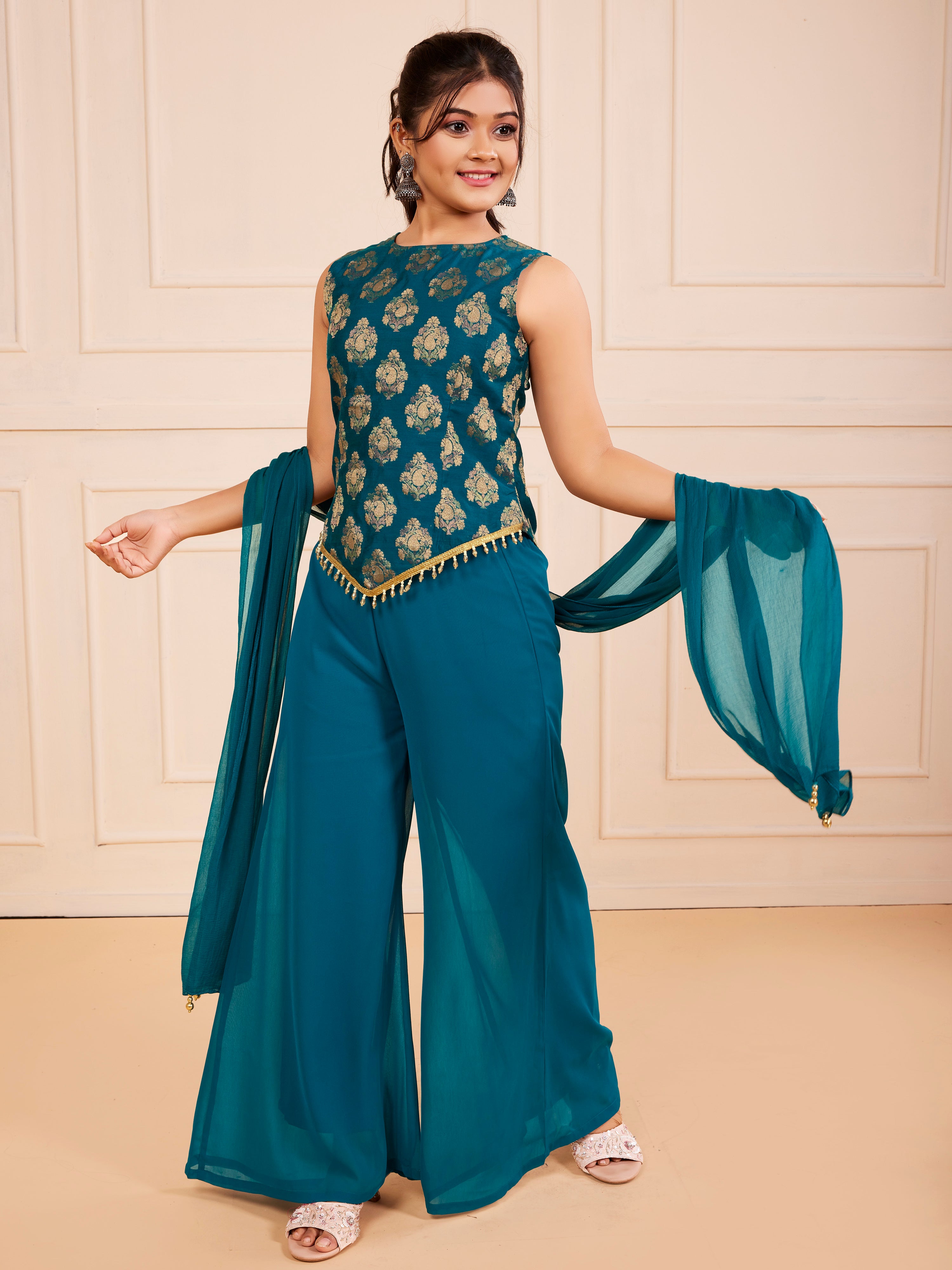 TeenTrums Girls Embroidered Palazzo Set with Dupatta - Teal Blue