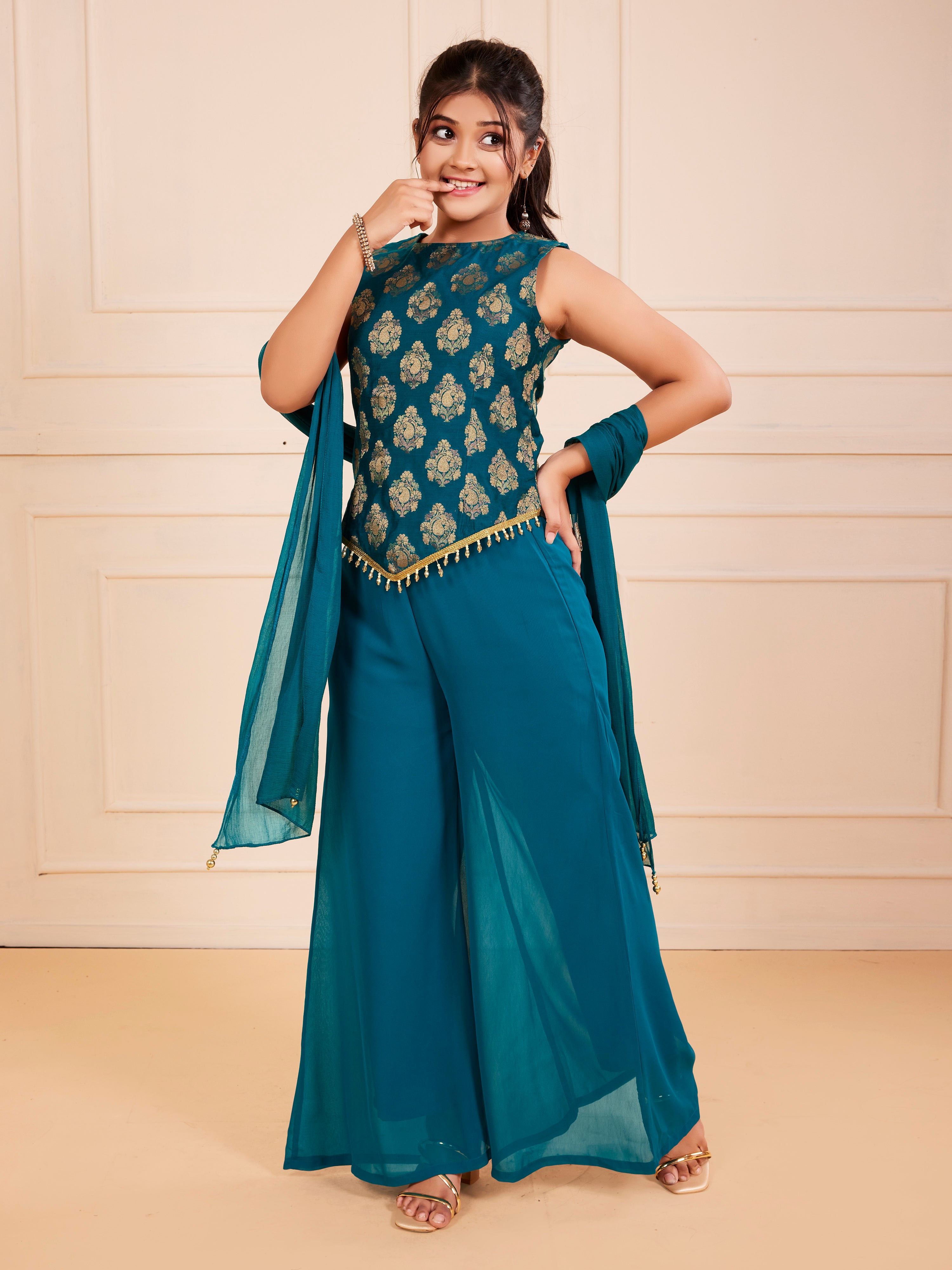TeenTrums Girls Embroidered Palazzo Set with Dupatta - Teal Blue