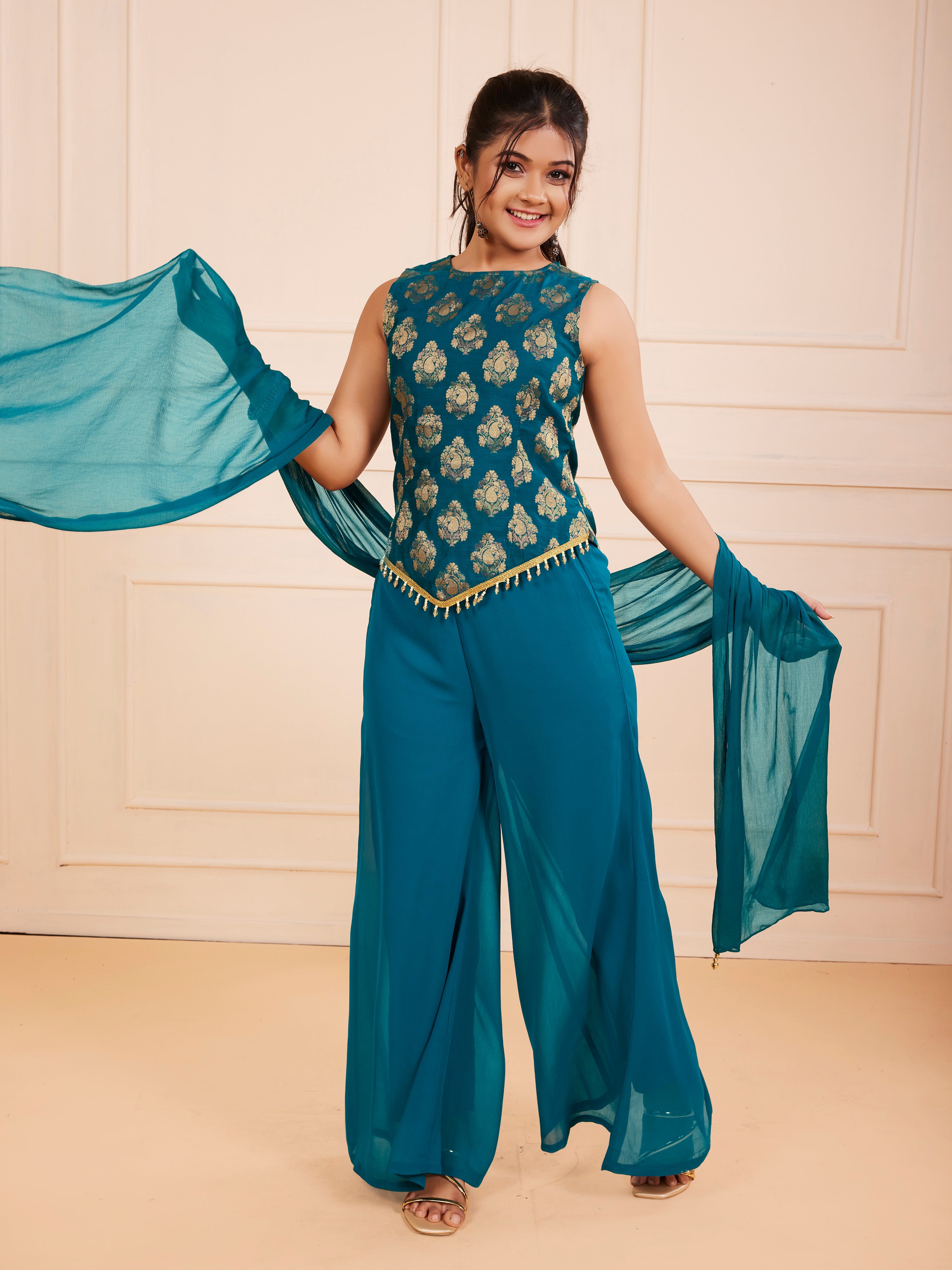 TeenTrums Girls Embroidered Palazzo Set with Dupatta - Teal Blue