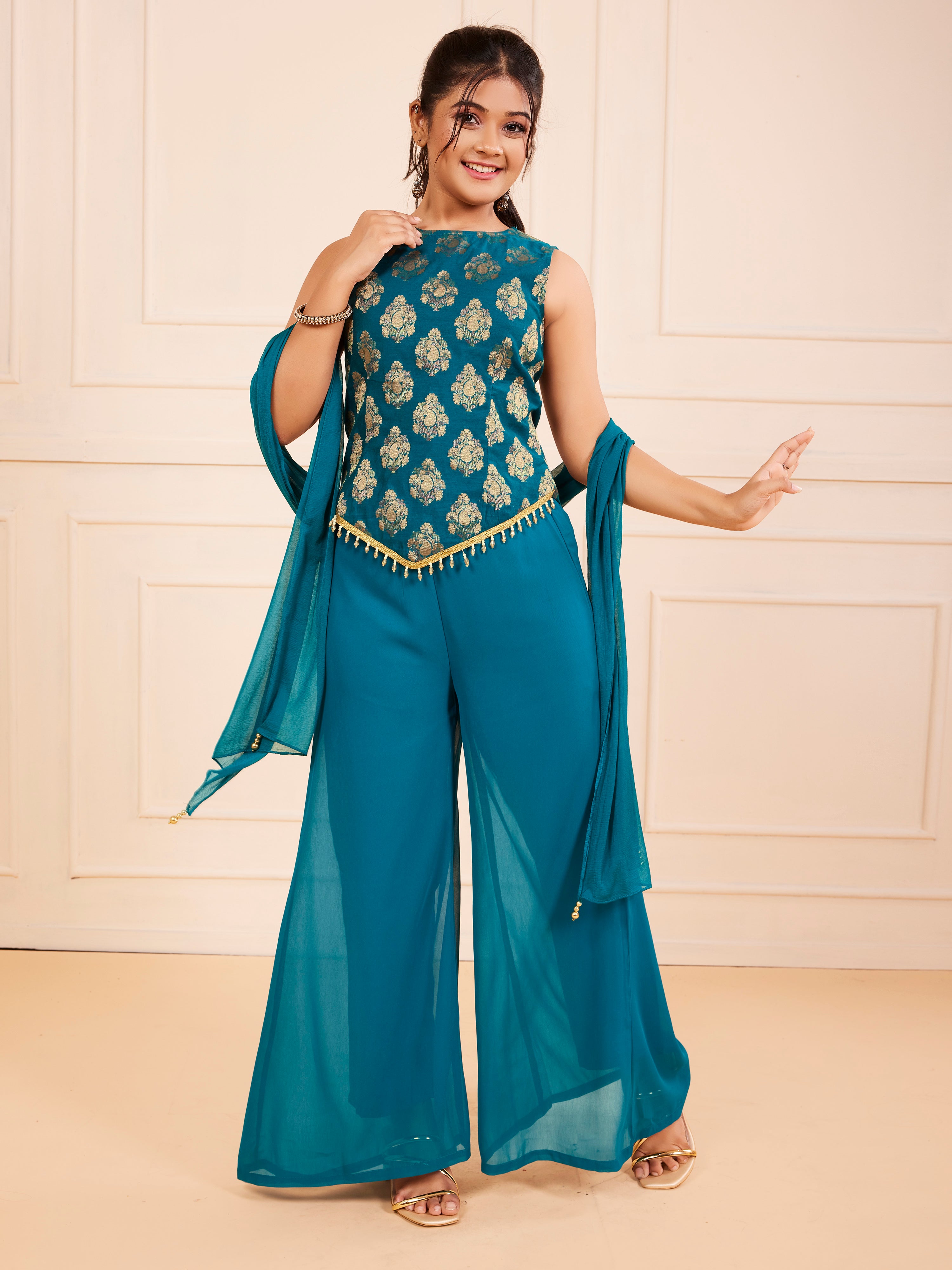 TeenTrums Girls Embroidered Palazzo Set with Dupatta - Teal Blue