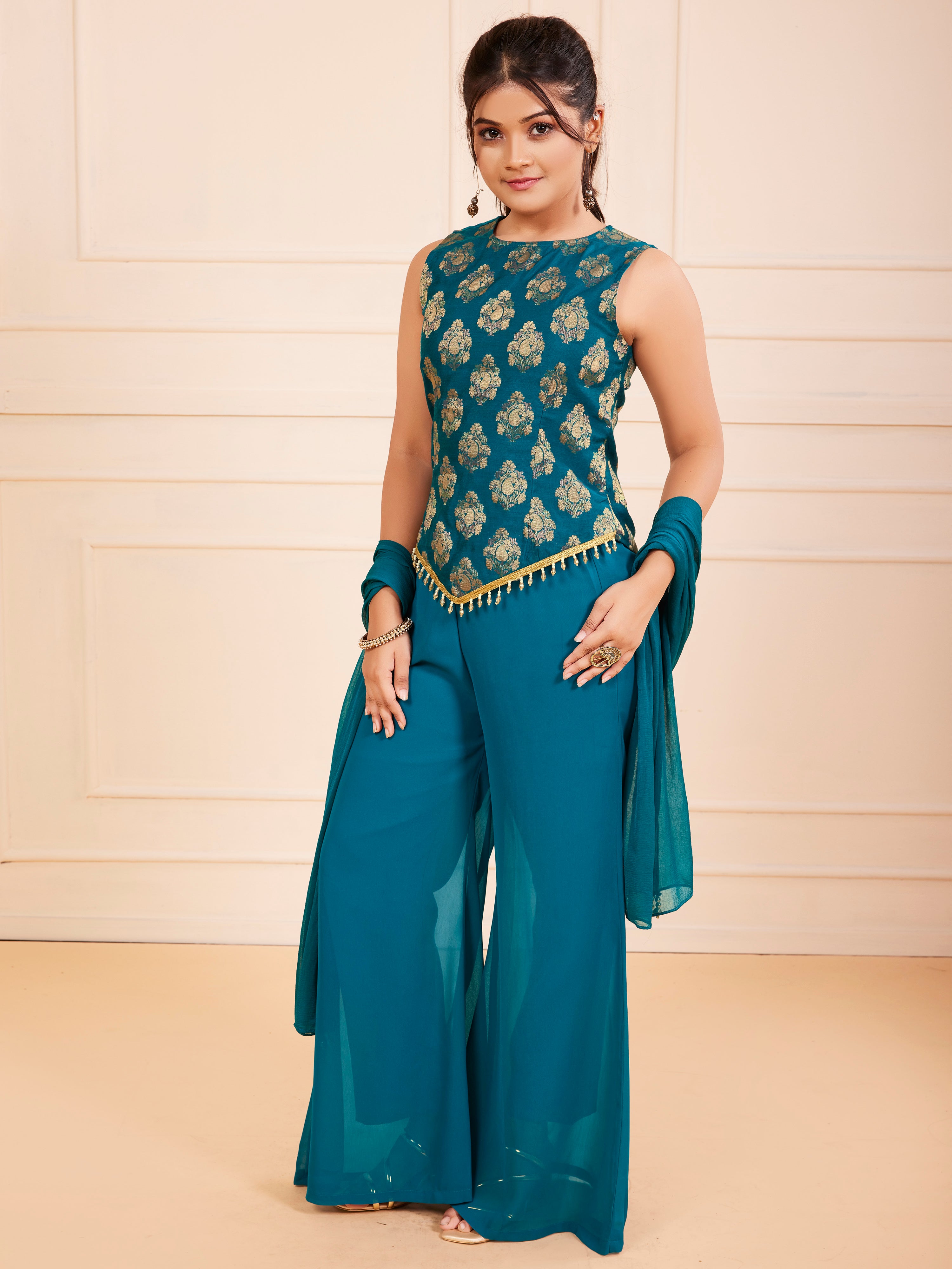 TeenTrums Girls Embroidered Palazzo Set with Dupatta - Teal Blue