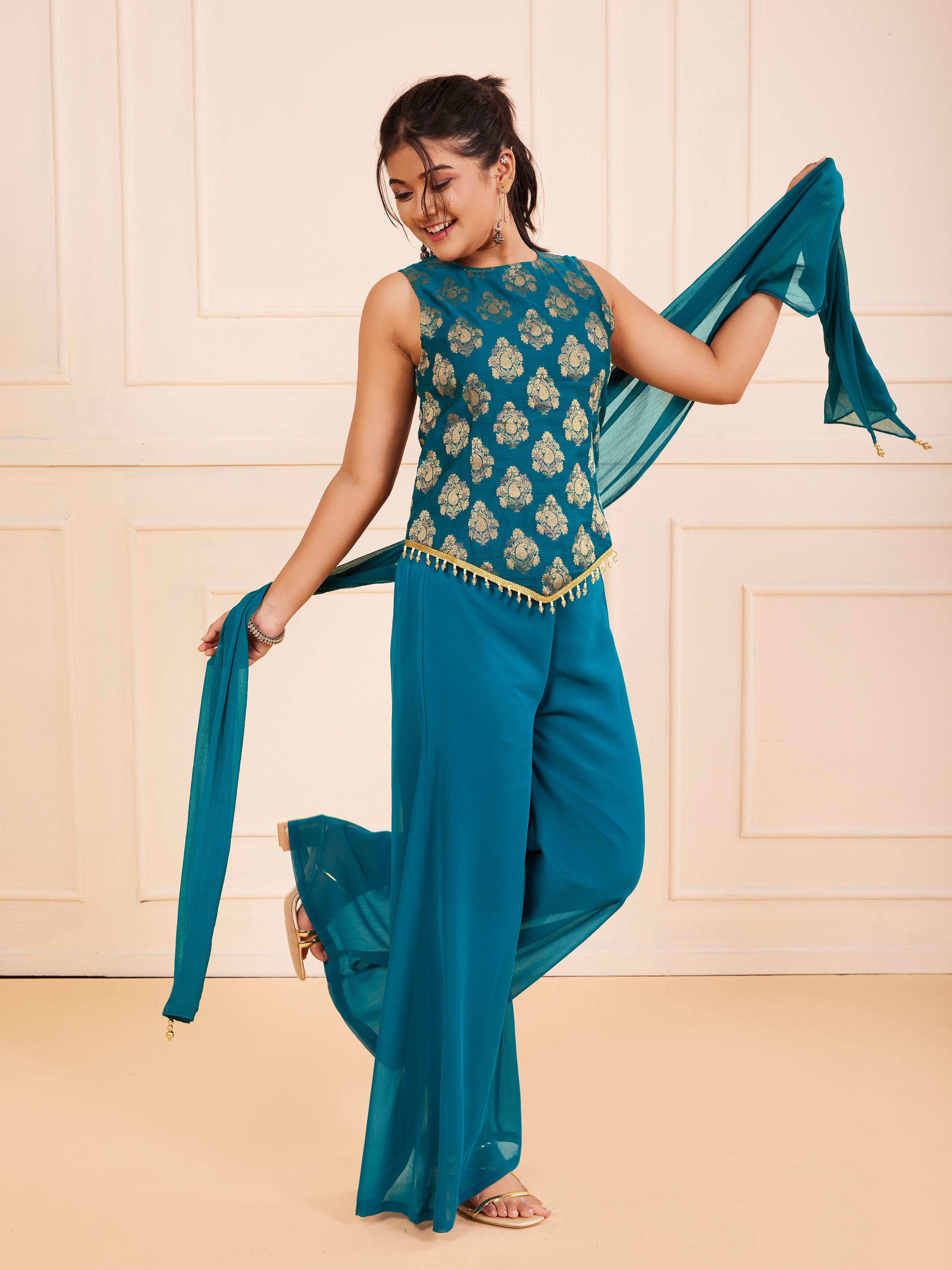 TeenTrums Girls Embroidered Palazzo Set with Dupatta - Teal Blue