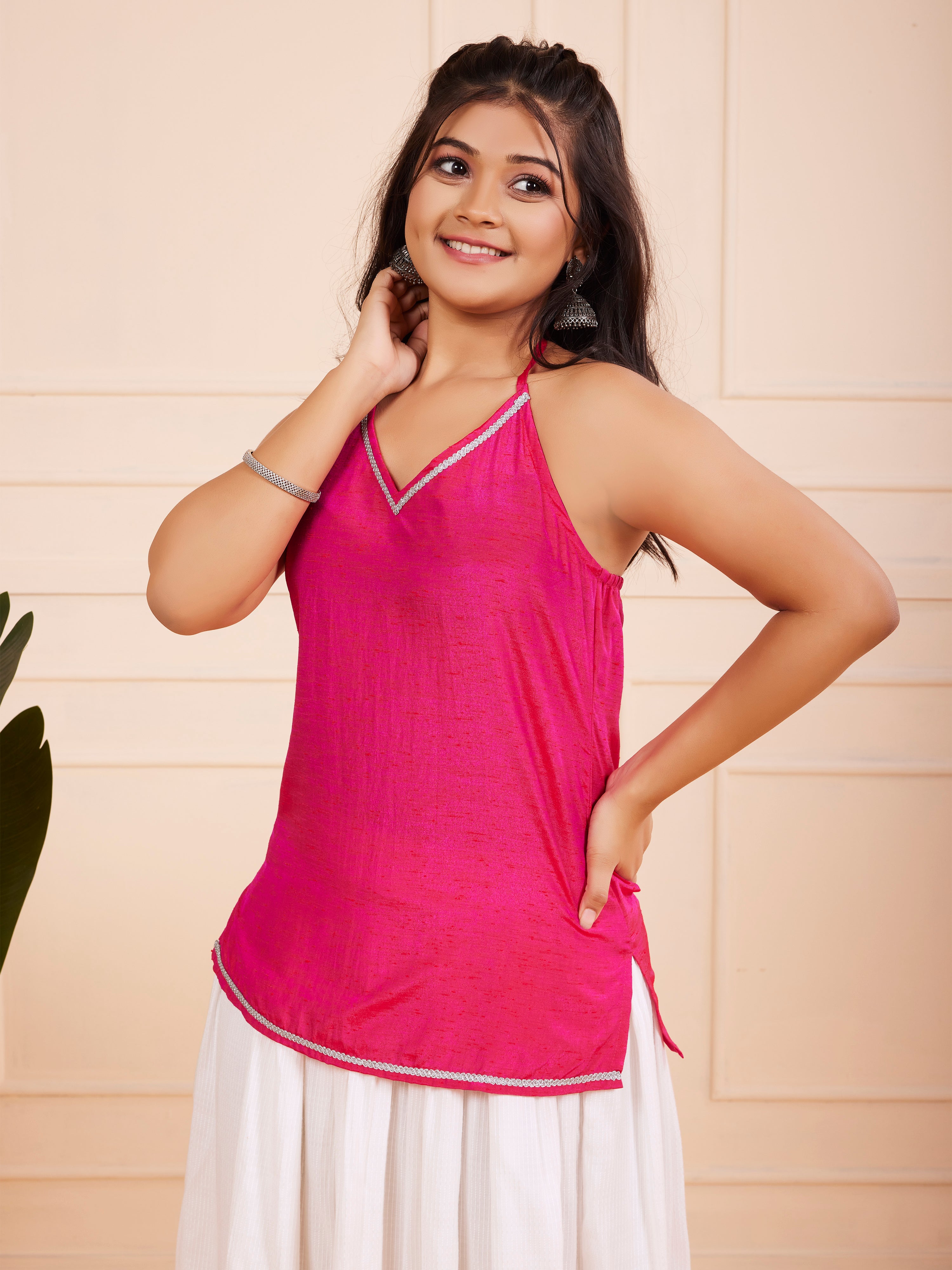 Girls Festive Halter Neck Short Kurti - Fuchsia Pink