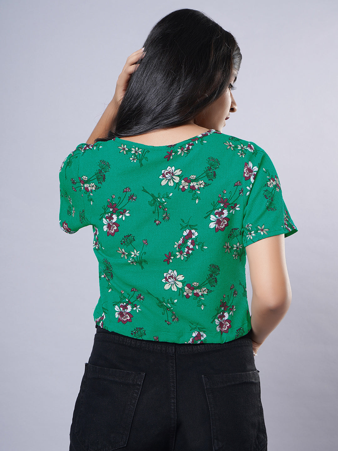 Crop Top- Green Printed Western Top