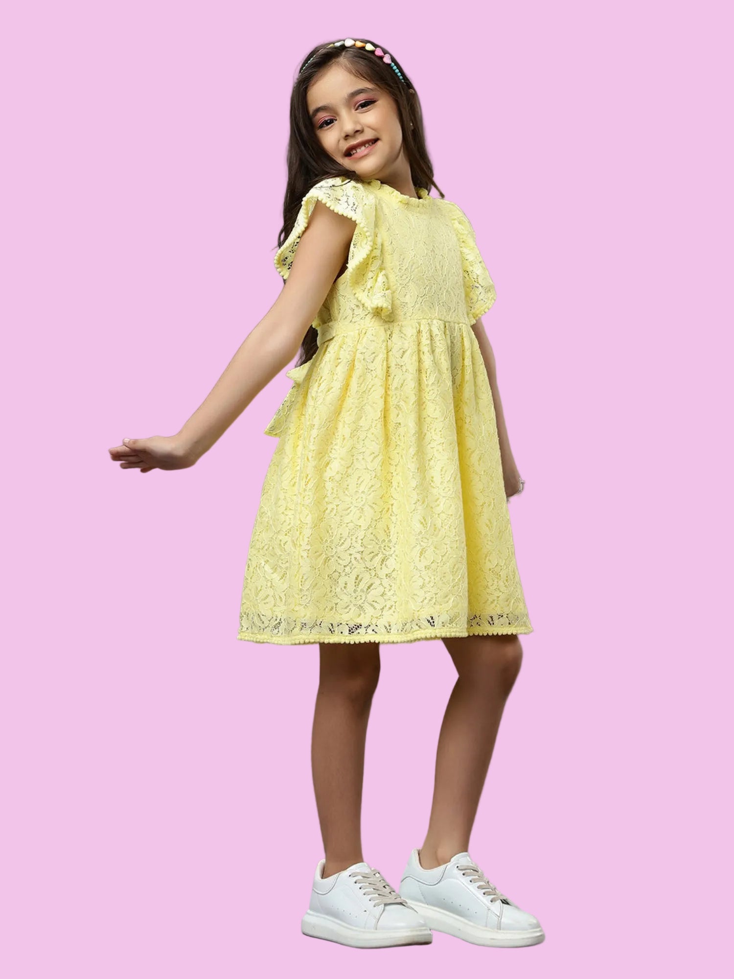 Floral Lace Cotton Girls Dress- Yellow
