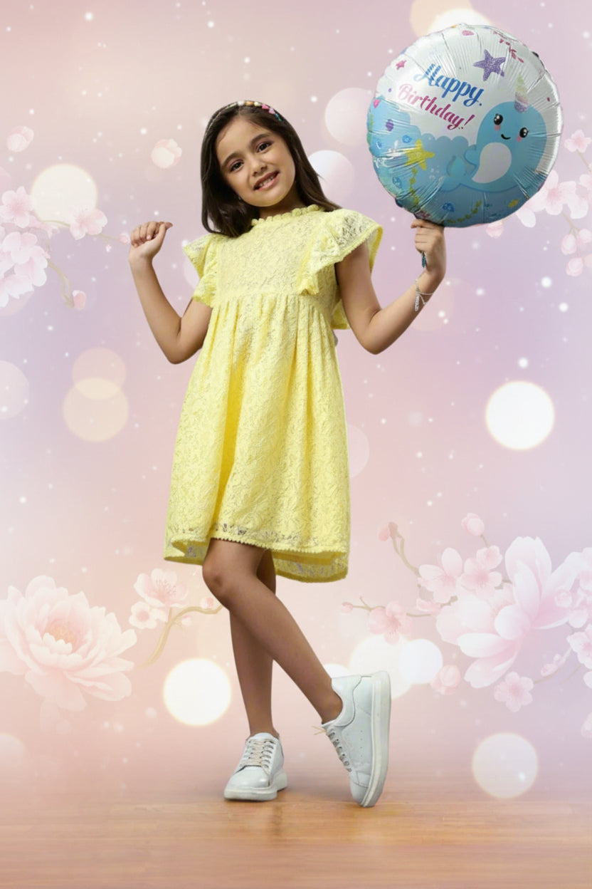Floral Lace Cotton Girls Dress- Yellow