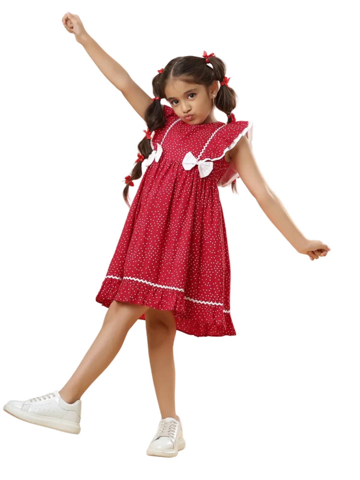 Polka Dot Printed Rayon Girls Dress with Bow - Red