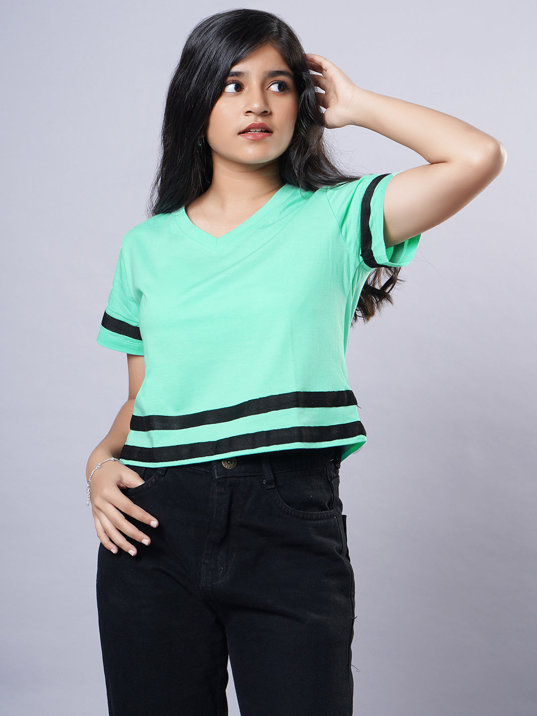 Girls crop T-shirt-Tape at waist-Mint