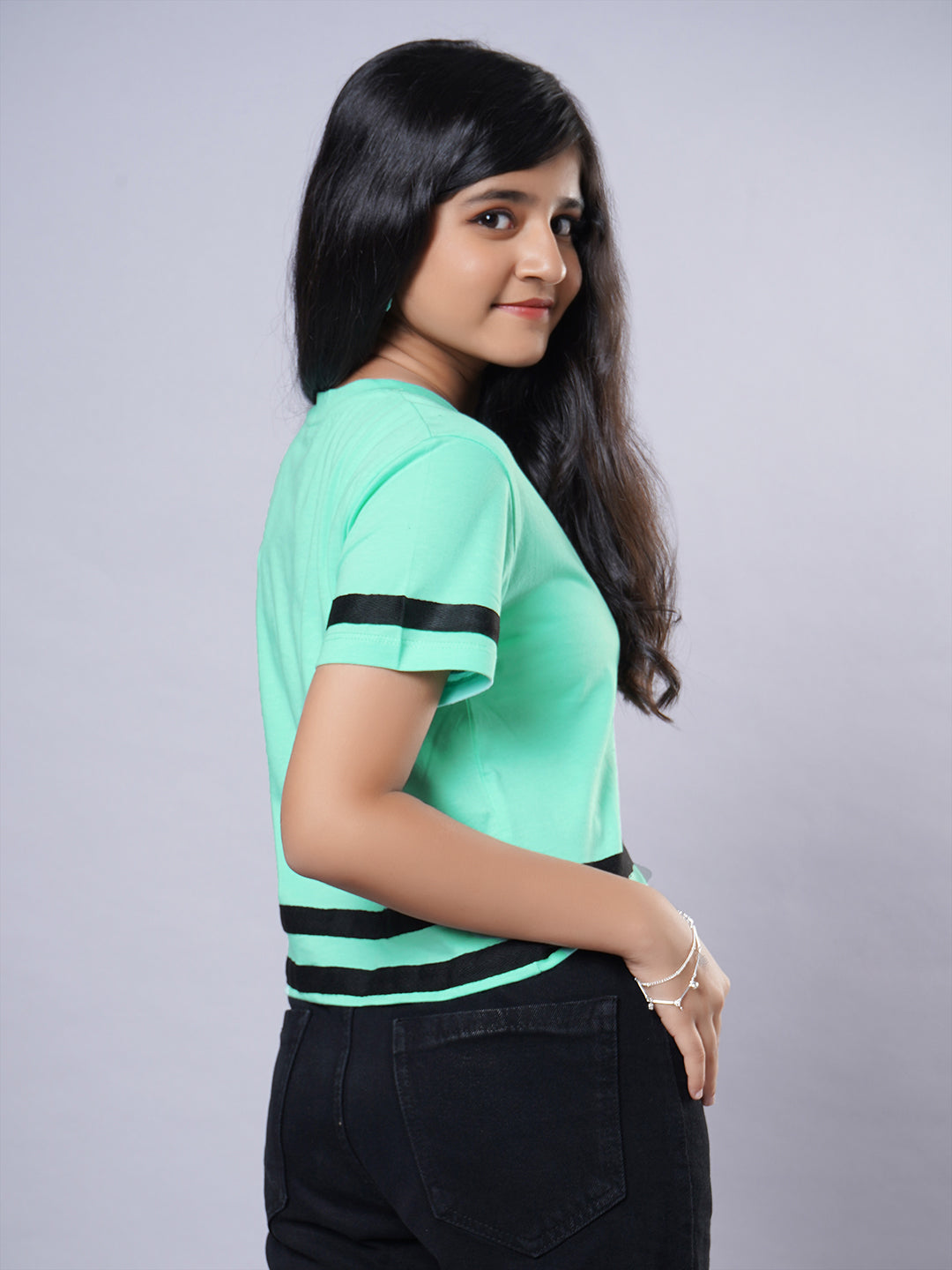 Girls crop T-shirt-Tape at waist-Mint