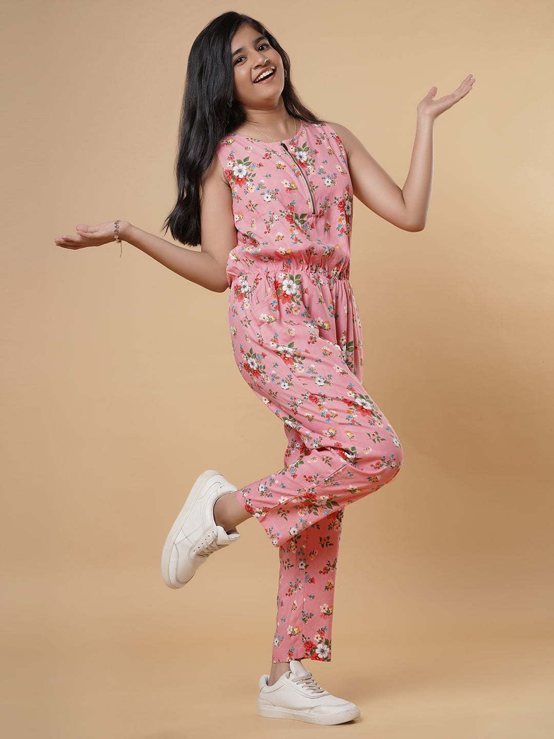 Floral Print Jumpsuit-Peach