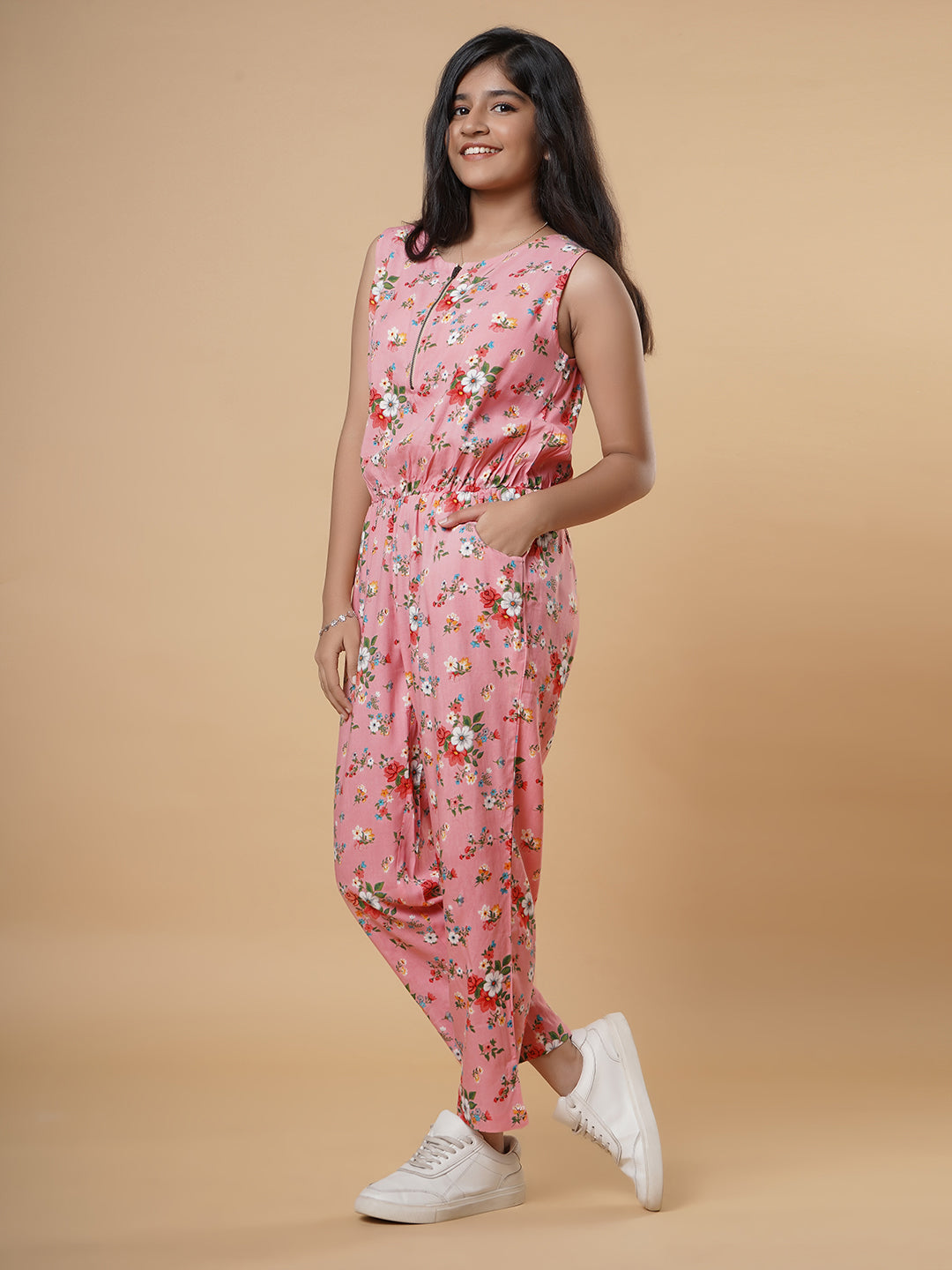 Floral Print Jumpsuit-Peach