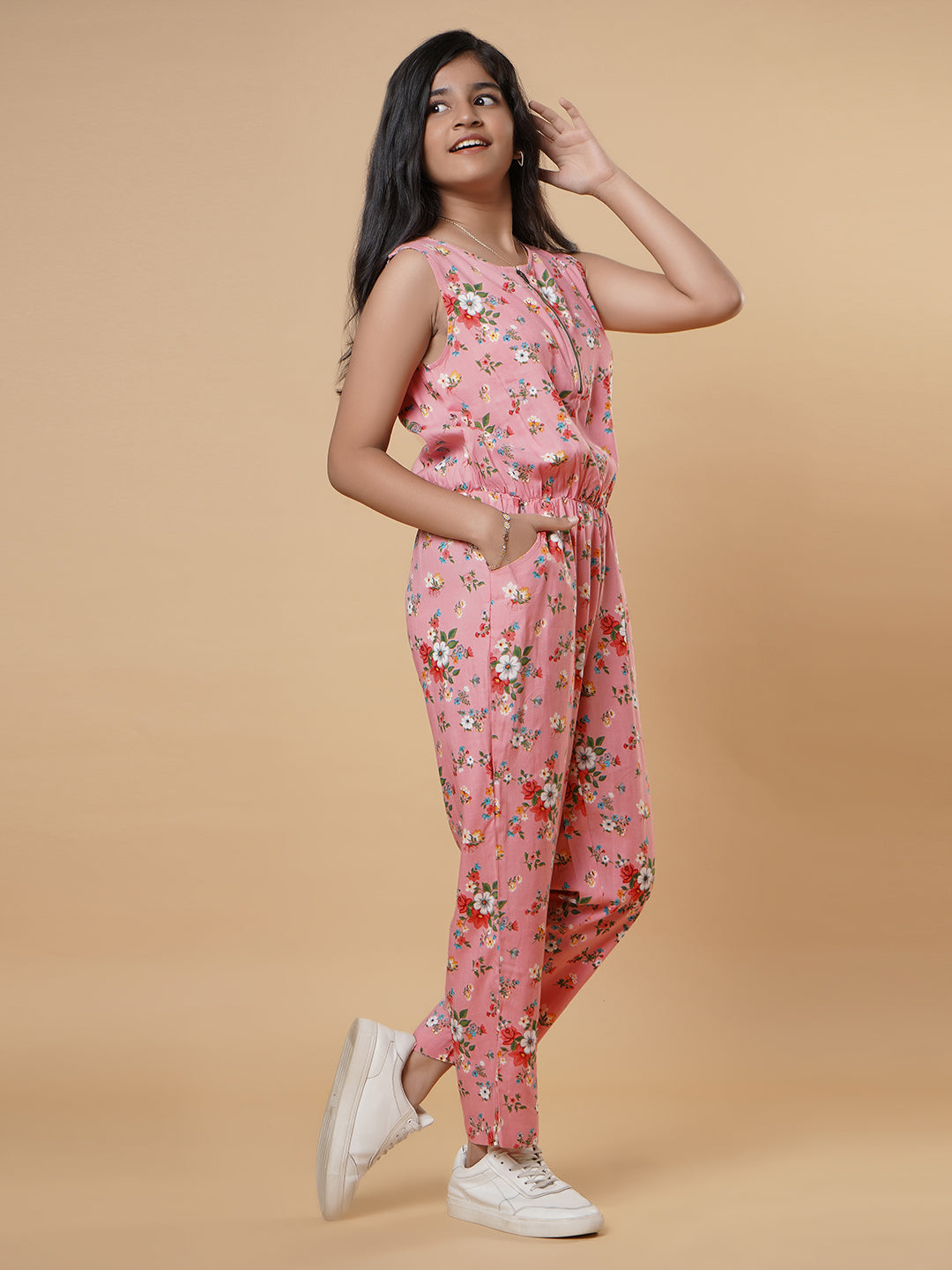 Floral Print Jumpsuit-Peach