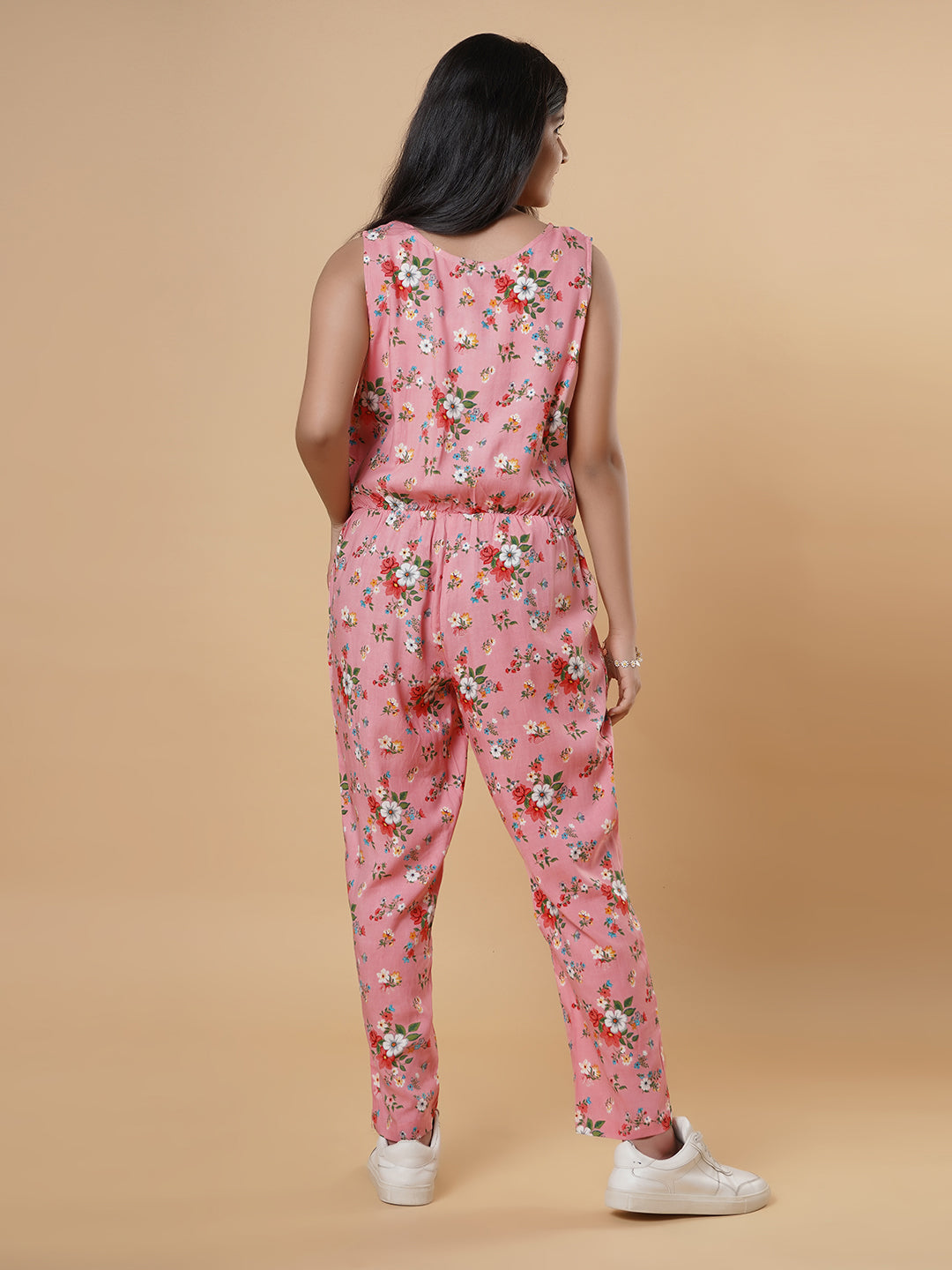 Floral Print Jumpsuit-Peach