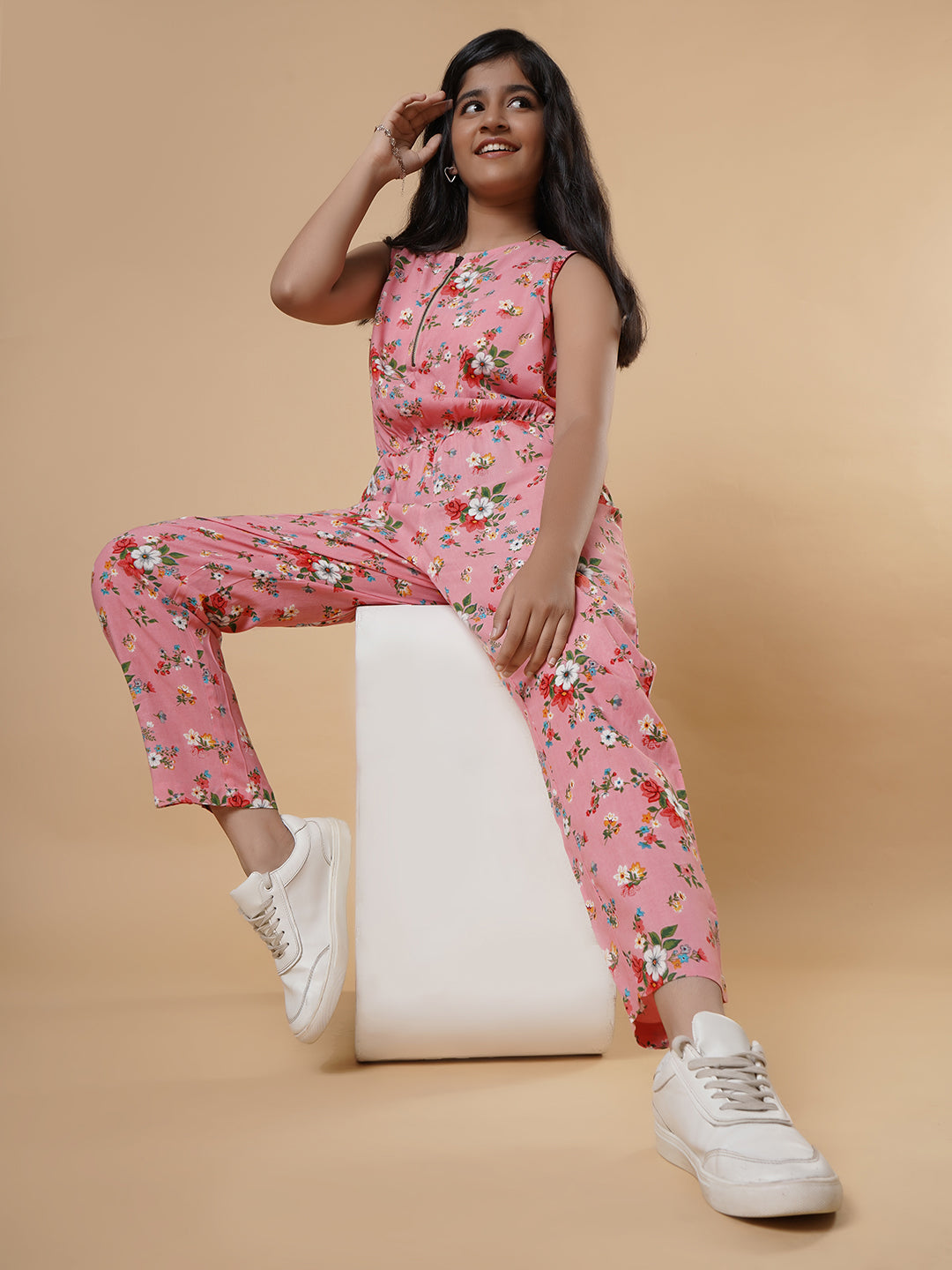 Floral Print Jumpsuit-Peach