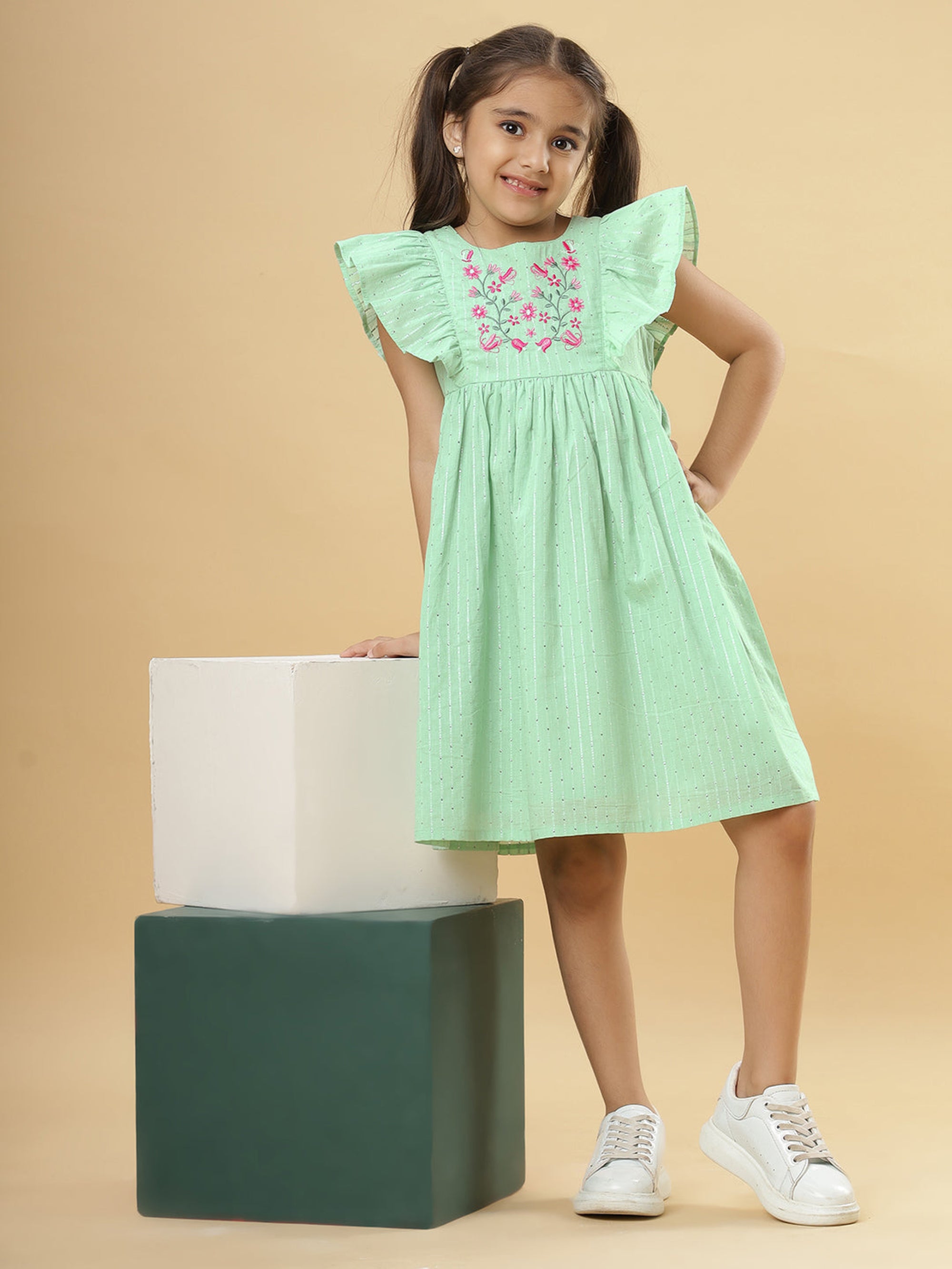 Floral Embroidery Cotton Girls Dress - Mint