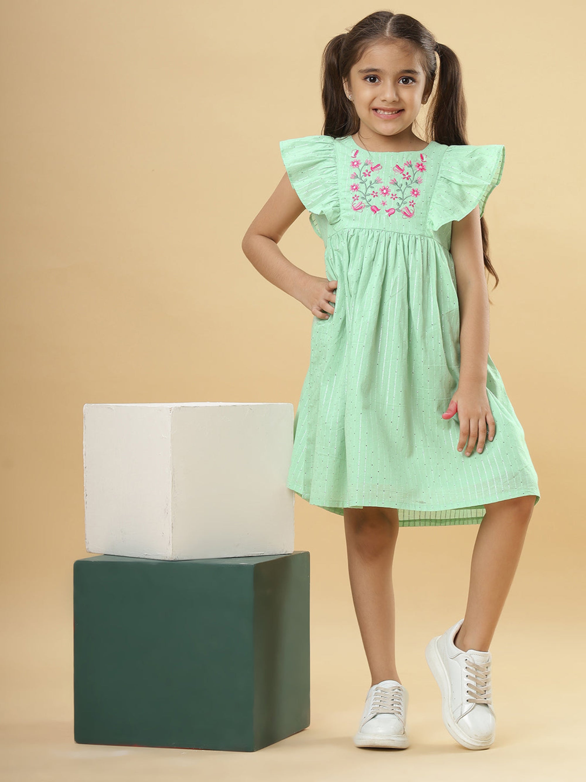 Floral Embroidery Cotton Girls Dress - Mint