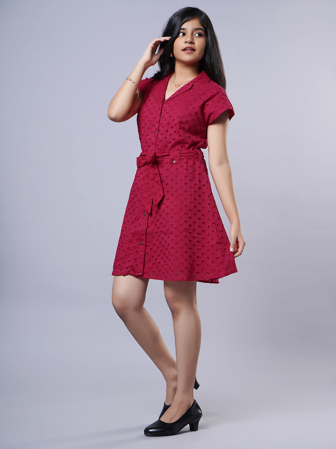 Schiffley Shirt Dress- Red