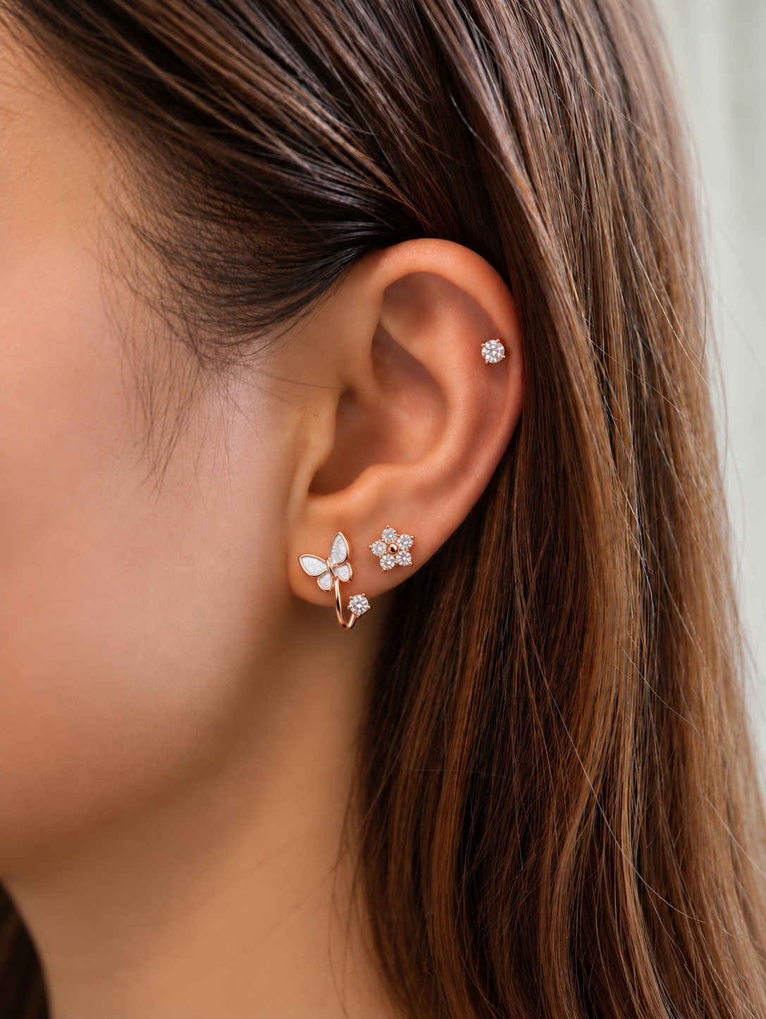 Rose Gold Butterfly & Crystal Bloom Earring Stack
