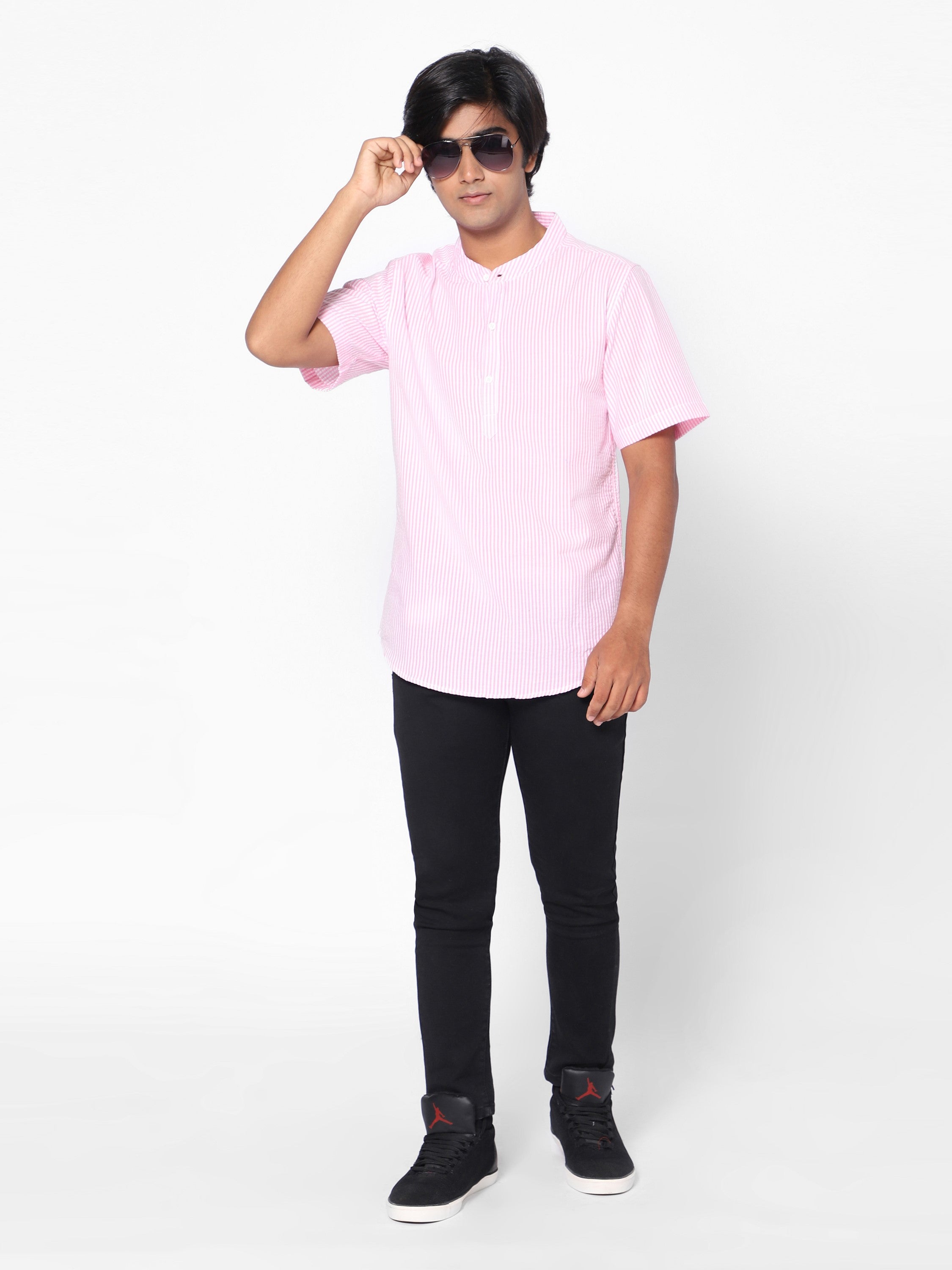Boys Short Sleeve Y/D Stripe Shirt Pink