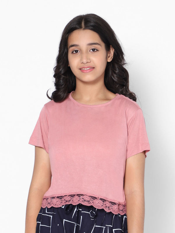 Girls Crop T-shirt with Lace Pink Top