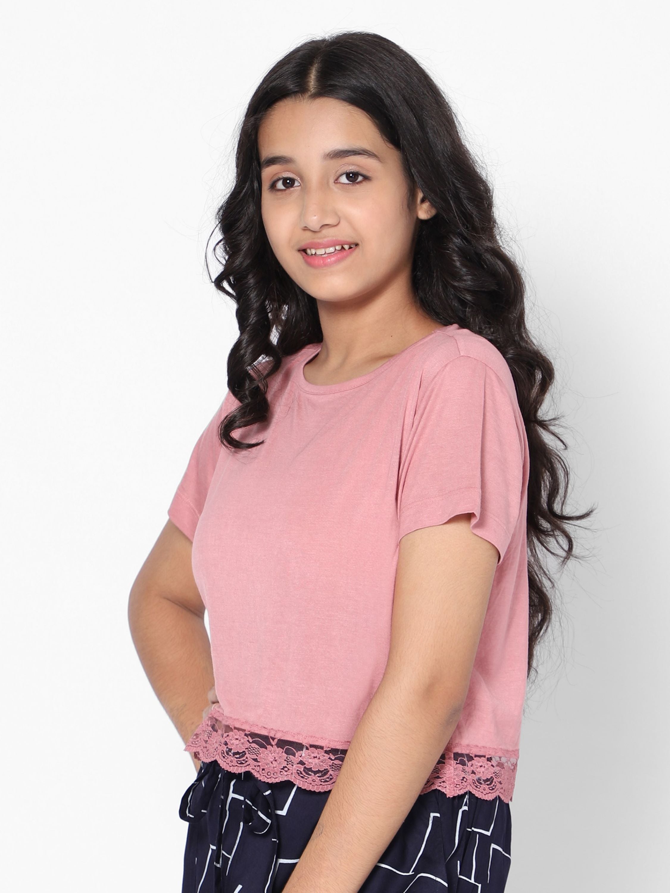 Girls Crop T-shirt with Lace Pink Top