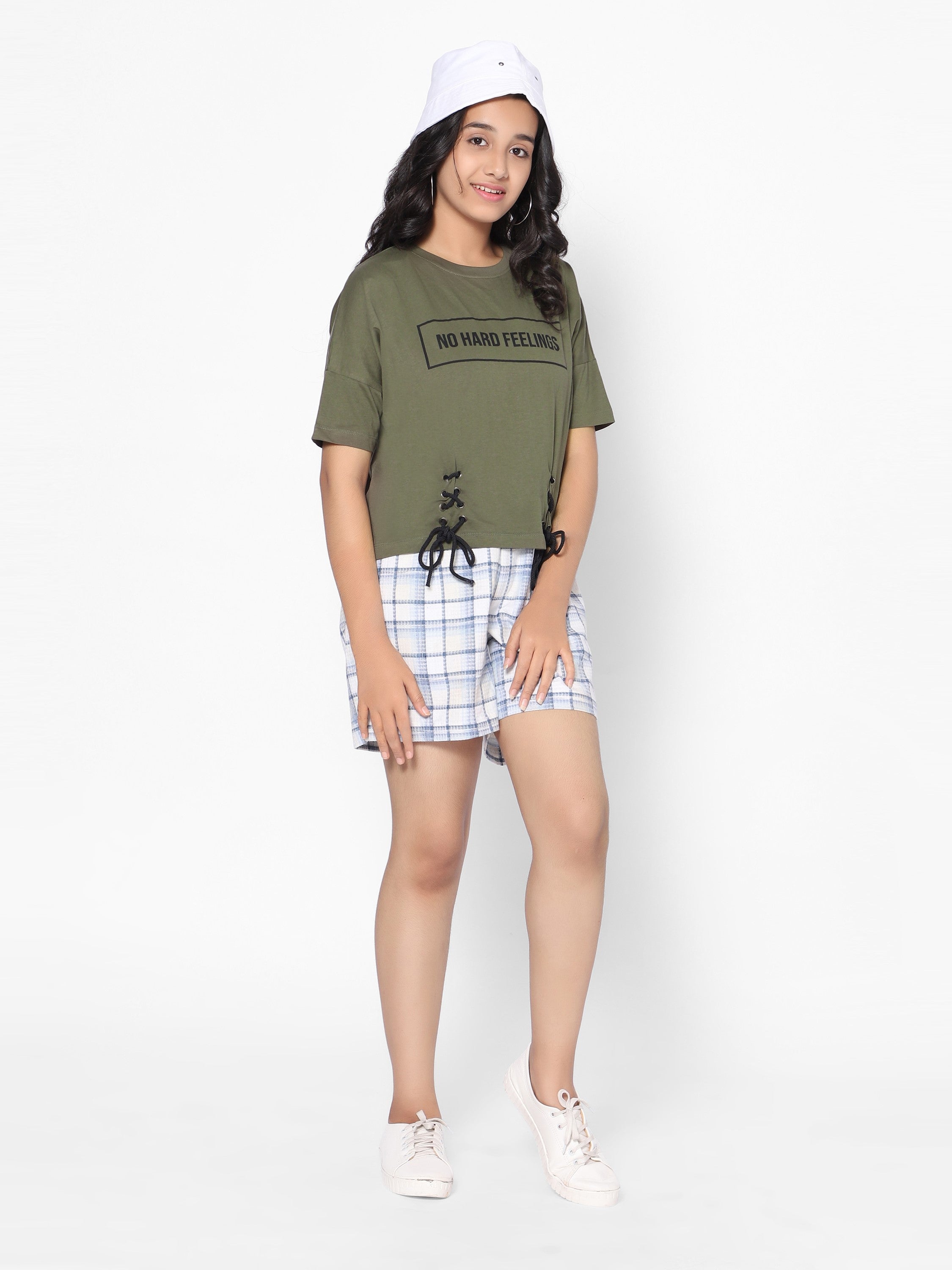 Girls Crop Top, T-shirt- No Hard Feelings -Olive