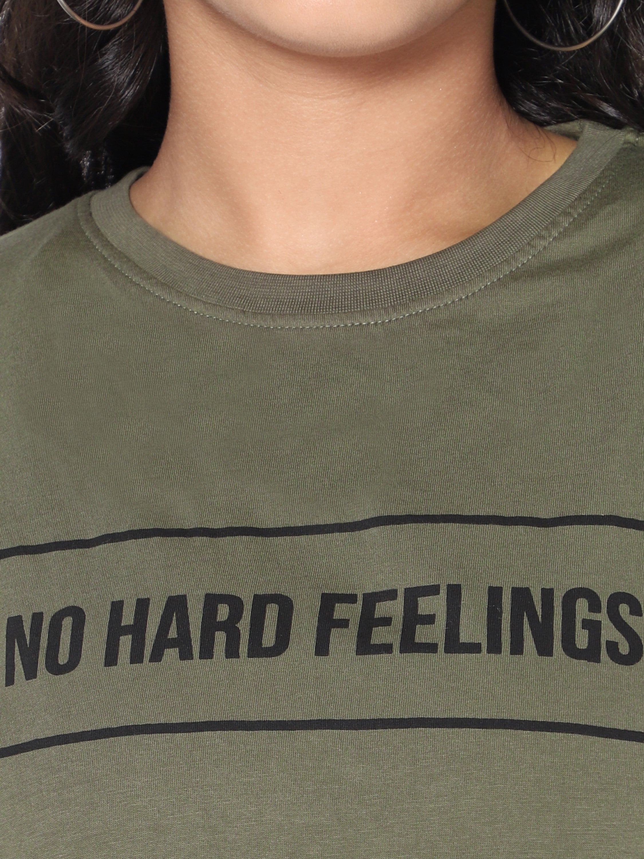 Girls Crop Top, T-shirt- No Hard Feelings -Olive