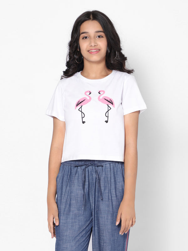 Girls Crop T-shirt-Flamingoes-White