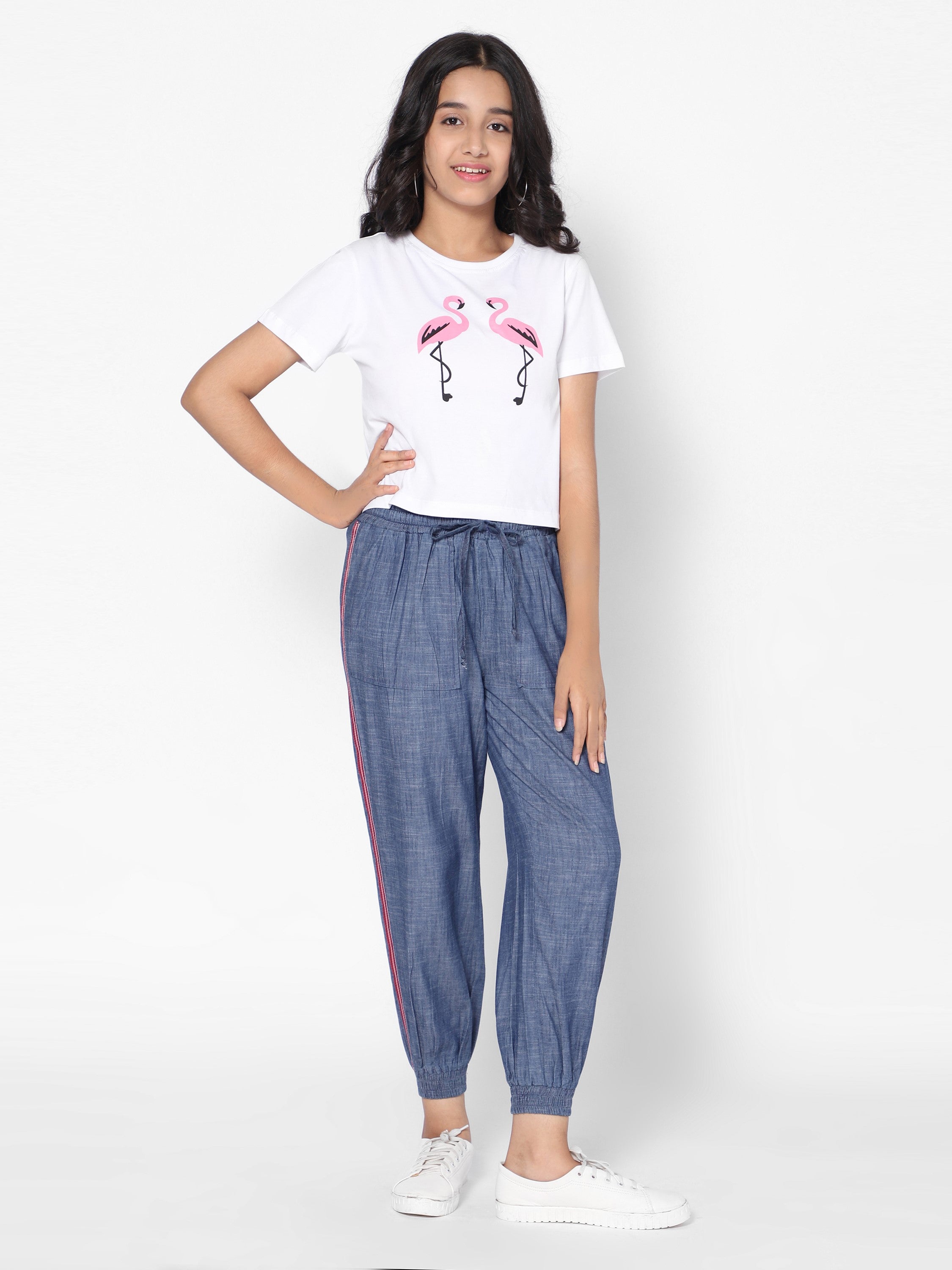 Crop T-shirt-Flamingoes-White