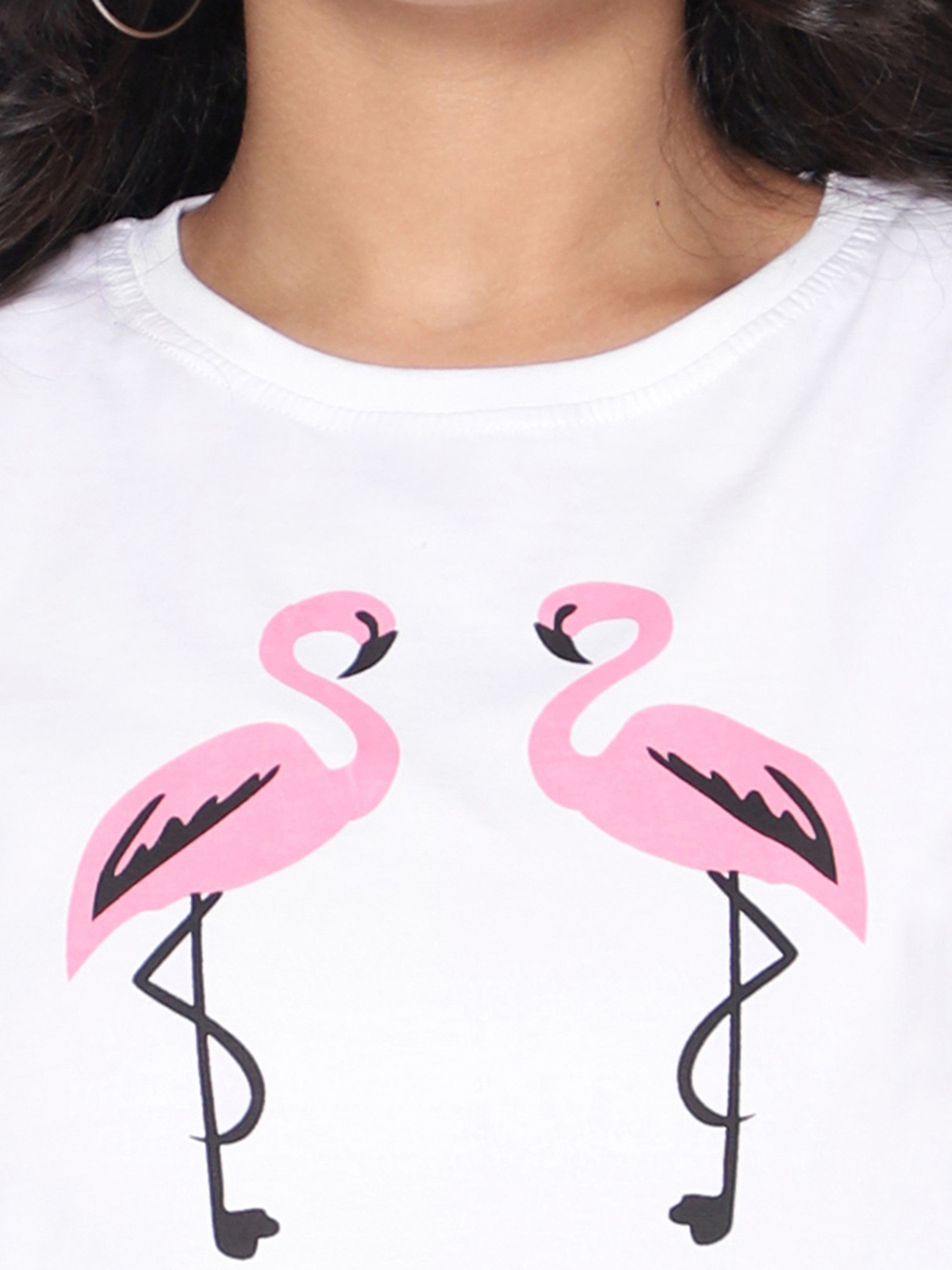 Girls Crop T-shirt-Flamingoes-White