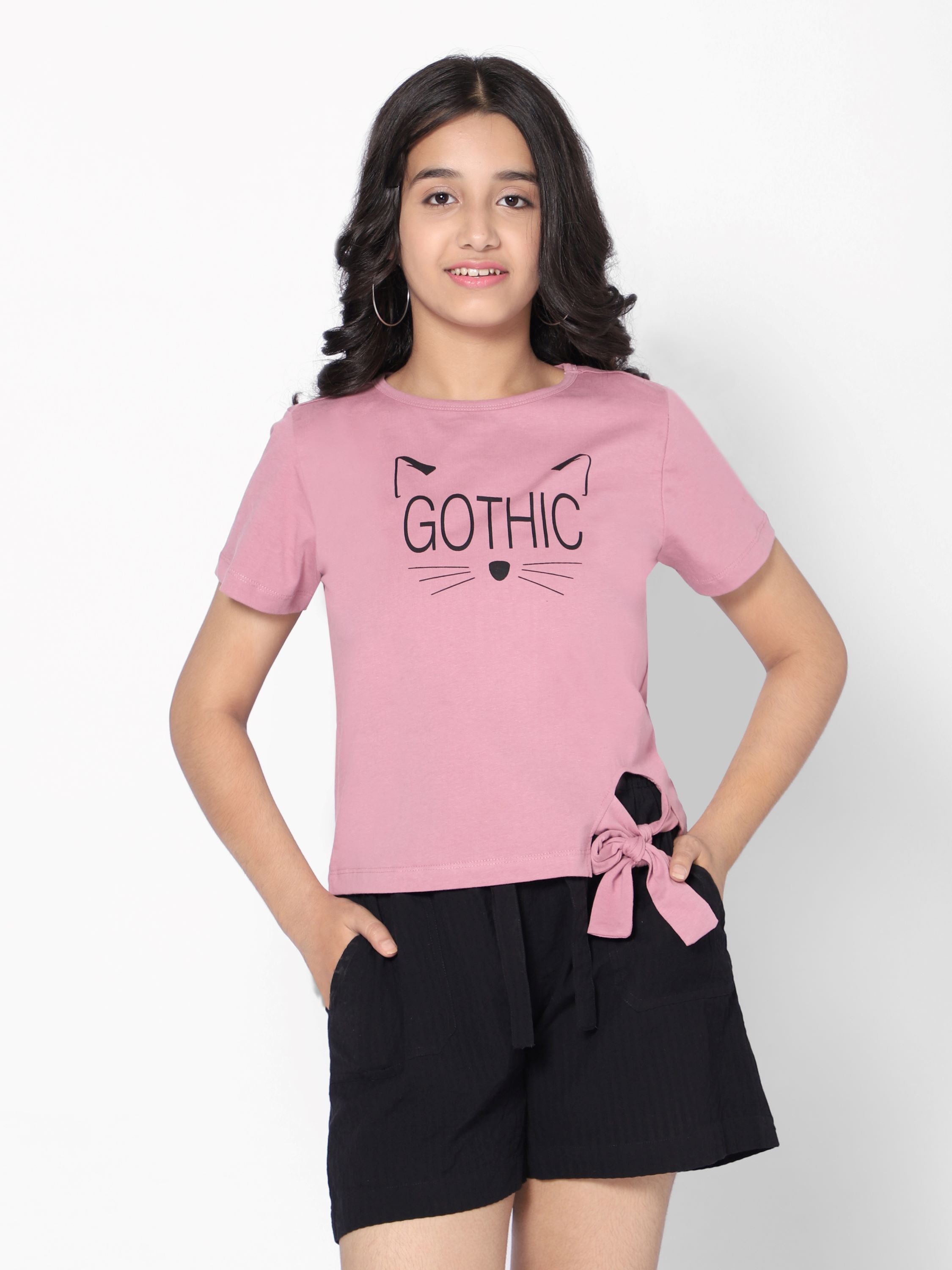 Girls Crop T-shirt-Gothic-Dull Pink