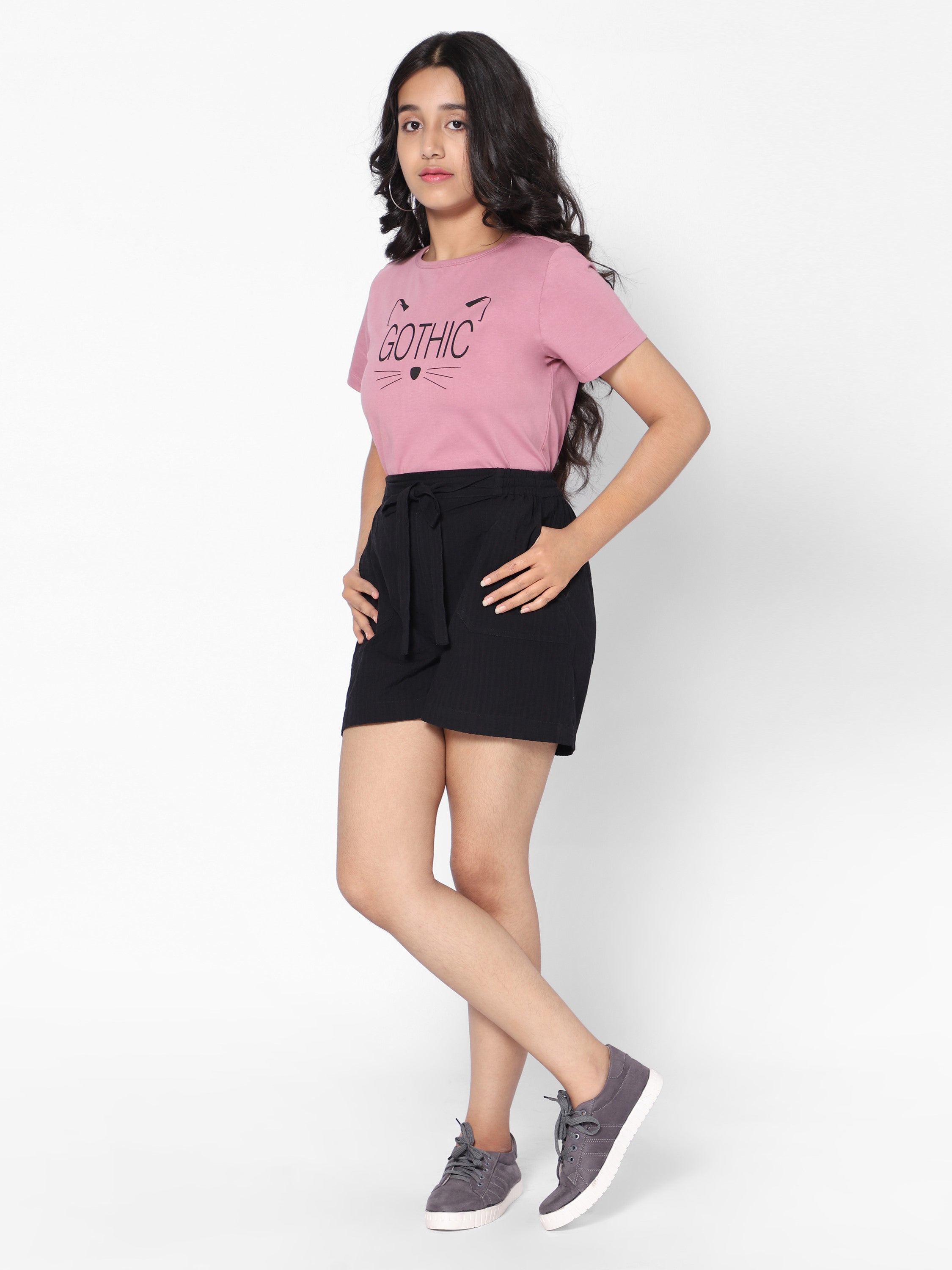 Girls Crop T-shirt-Gothic-Dull Pink