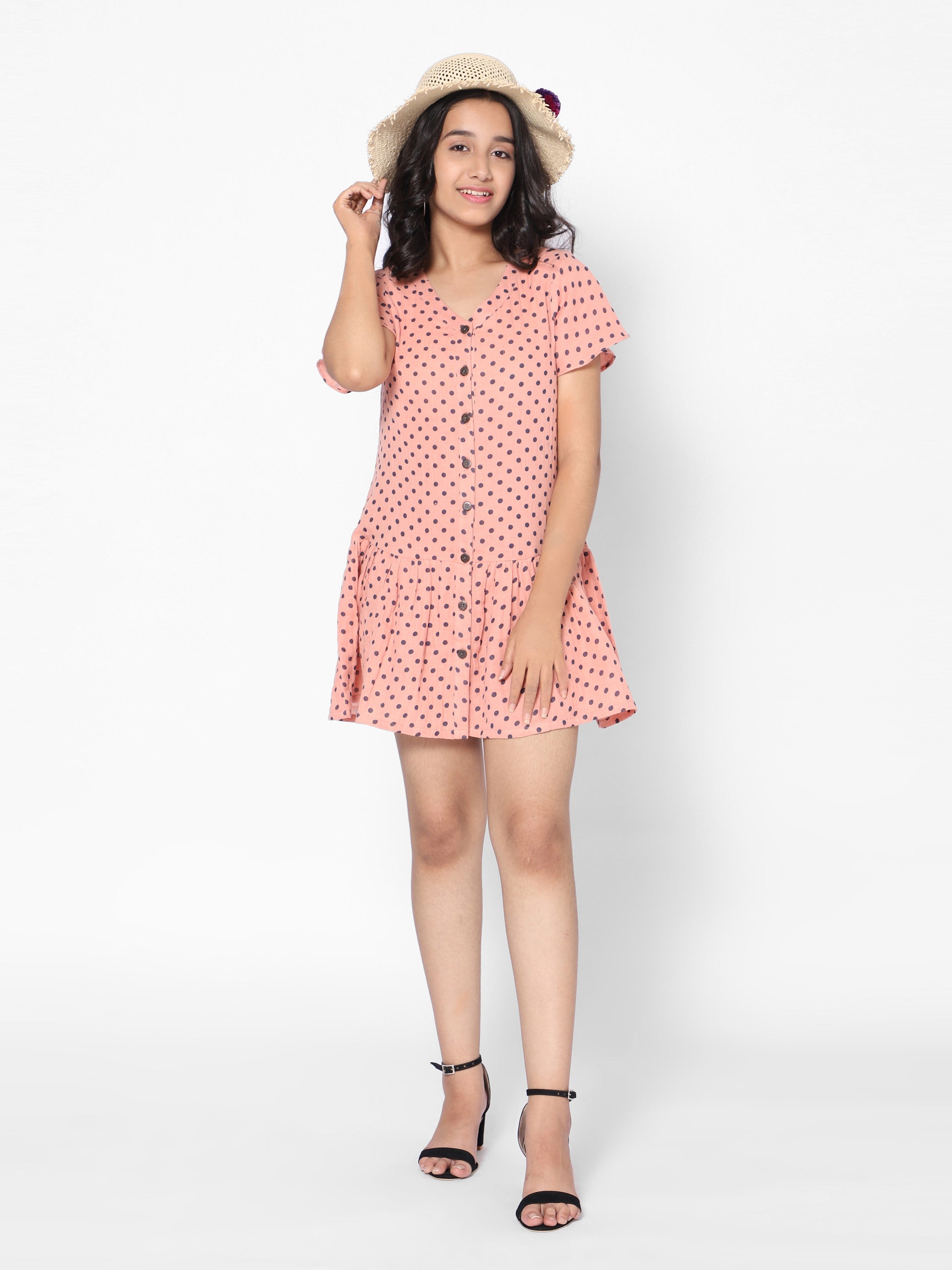 Girls Polka Dot Dress-Peach