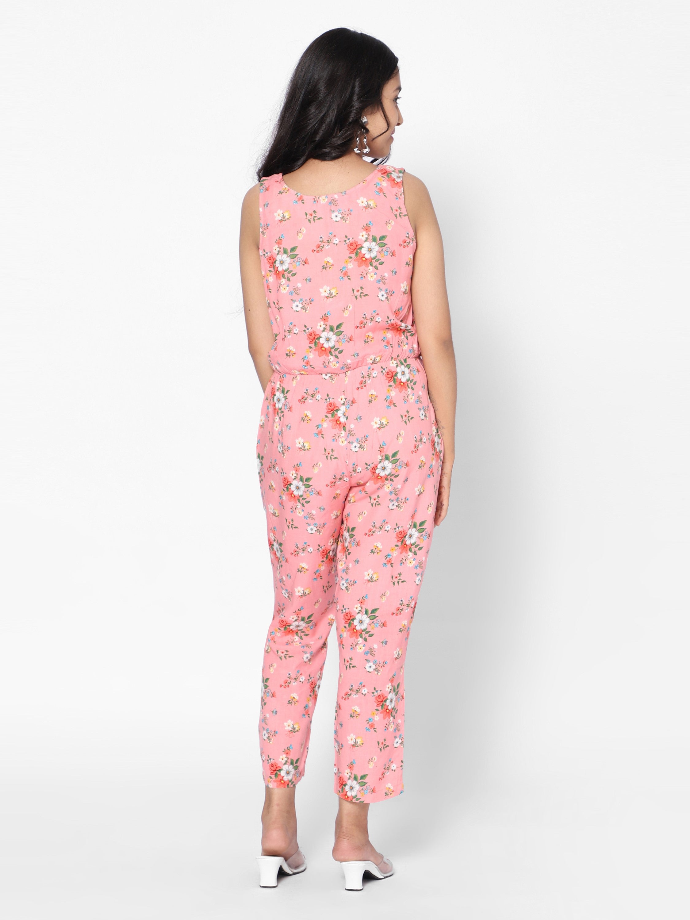 Girls Floral Print Jumpsuit-Peach