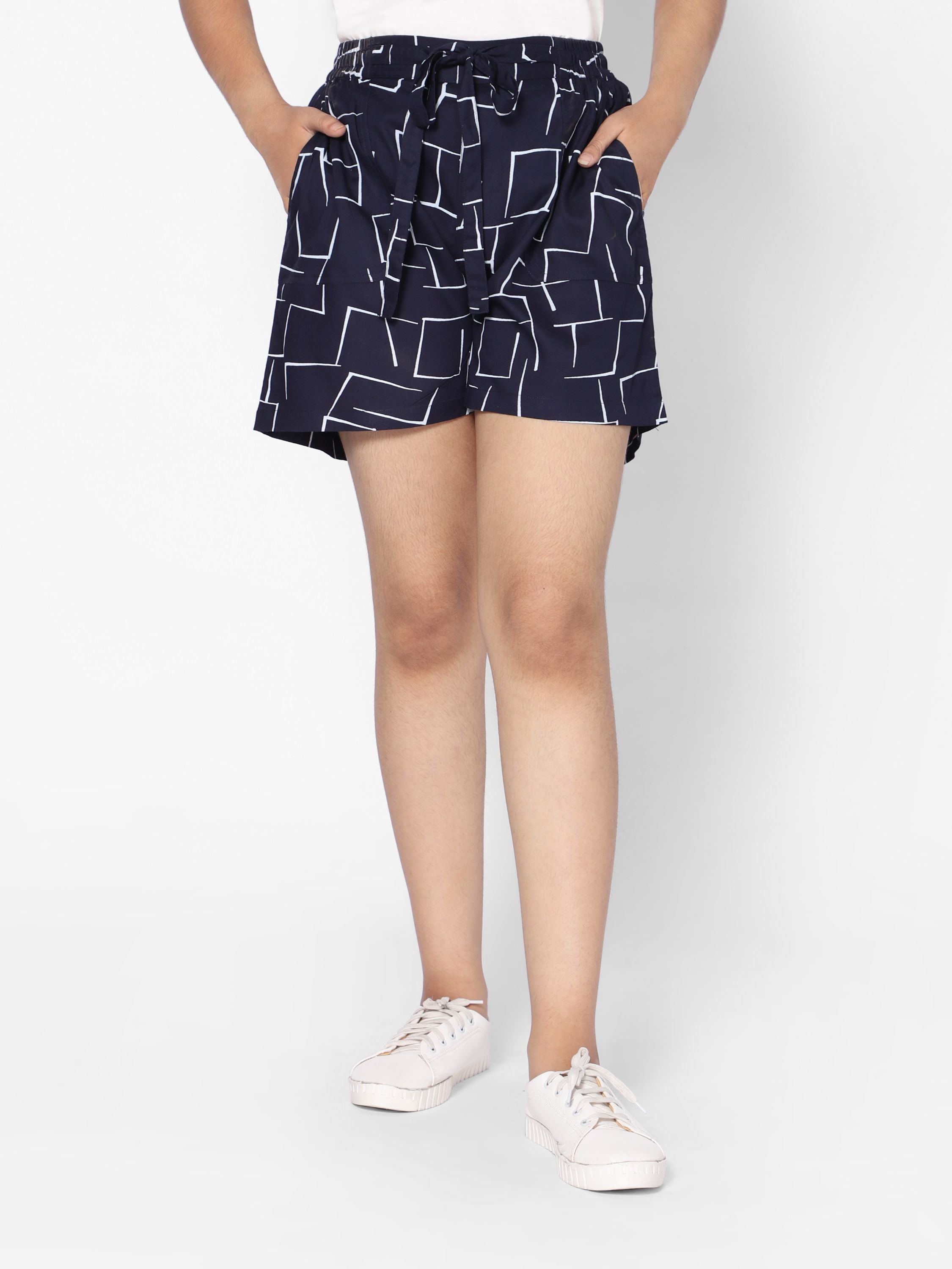 Girls Printed Shorts-Navy