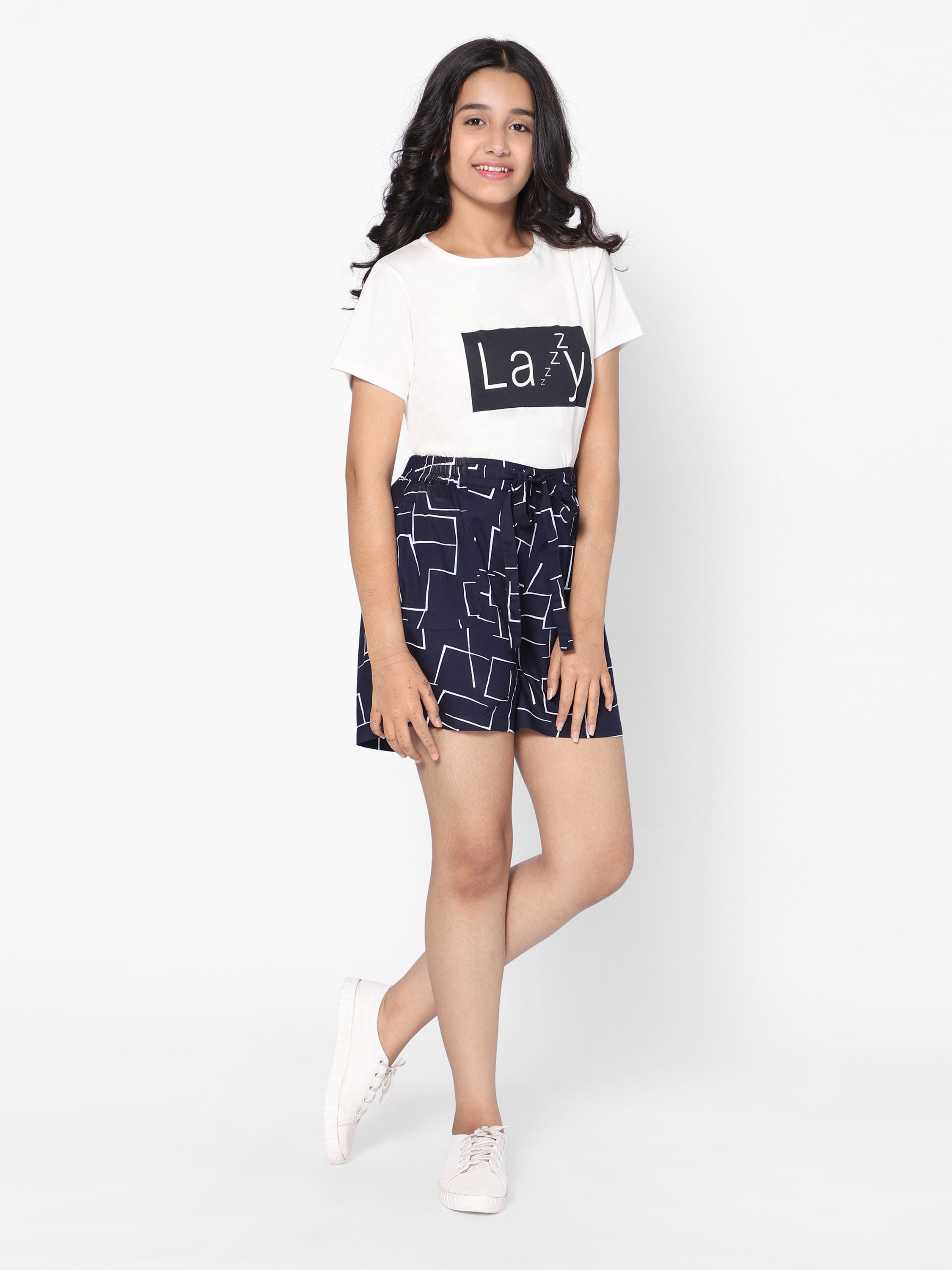 Girls Printed Shorts-Navy