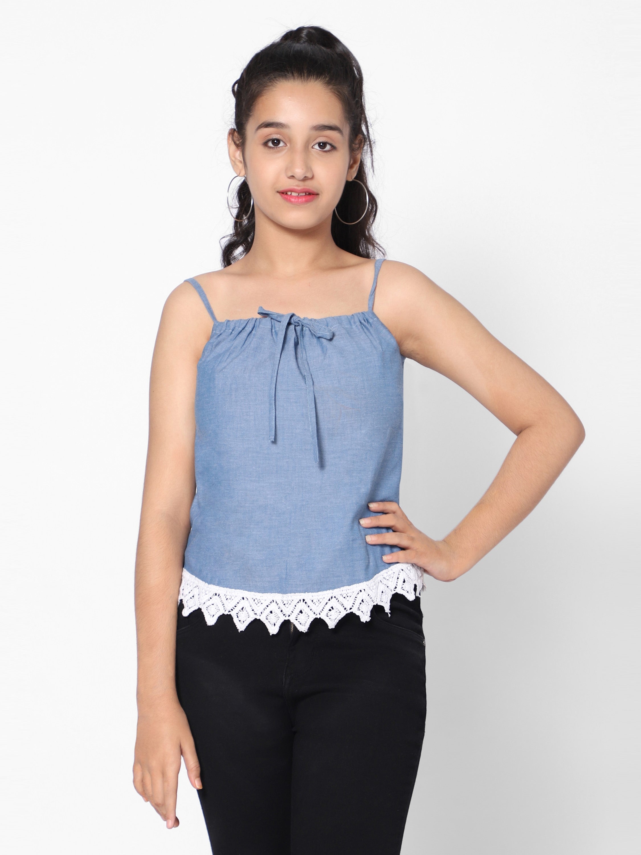 Girls Chambray Lace Top-Blue